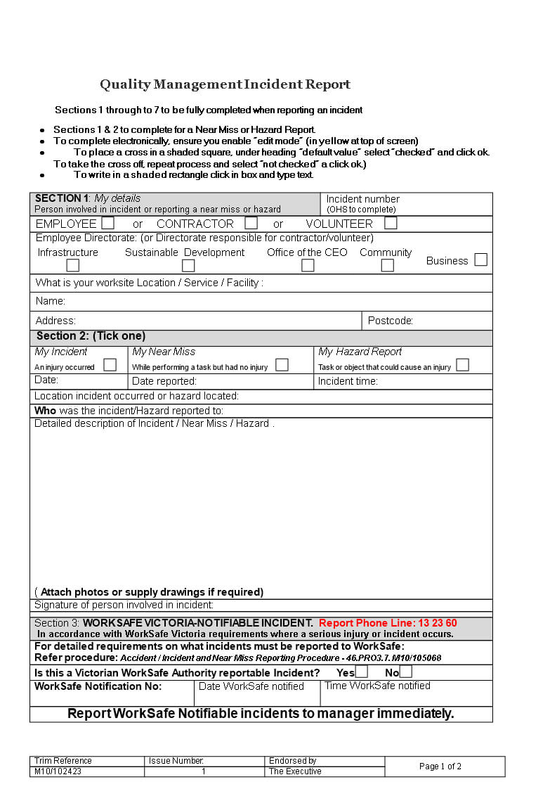 Quality Management Incident Report | Templates At With Regard To Incident Hazard Report Form Template