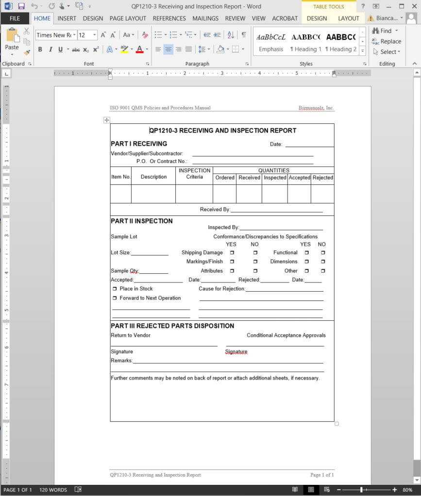 Receiving Inspection Report Iso Template | Qp1210 3 With Regard To Part Inspection Report Template