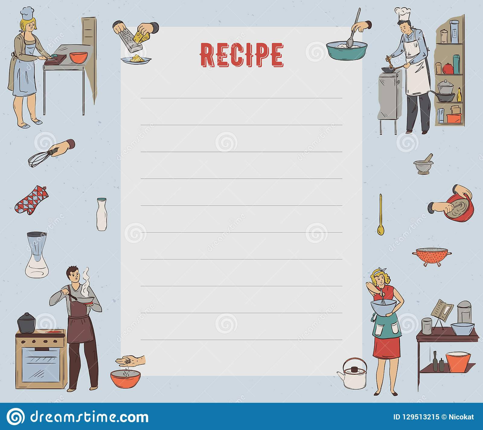 Recipe Card. Cookbook Page. Design Template With People For Restaurant Recipe Card Template