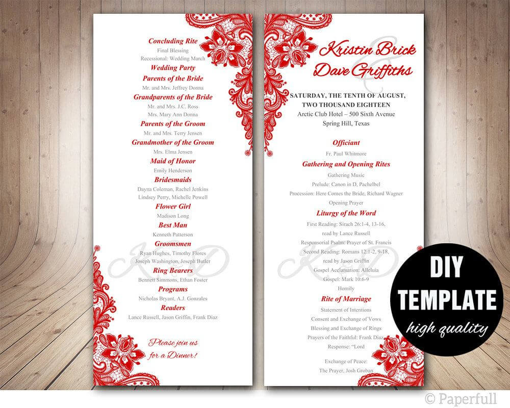 Red Wedding Program Template, Instant Download Microsoft With Free Event Program Templates Word