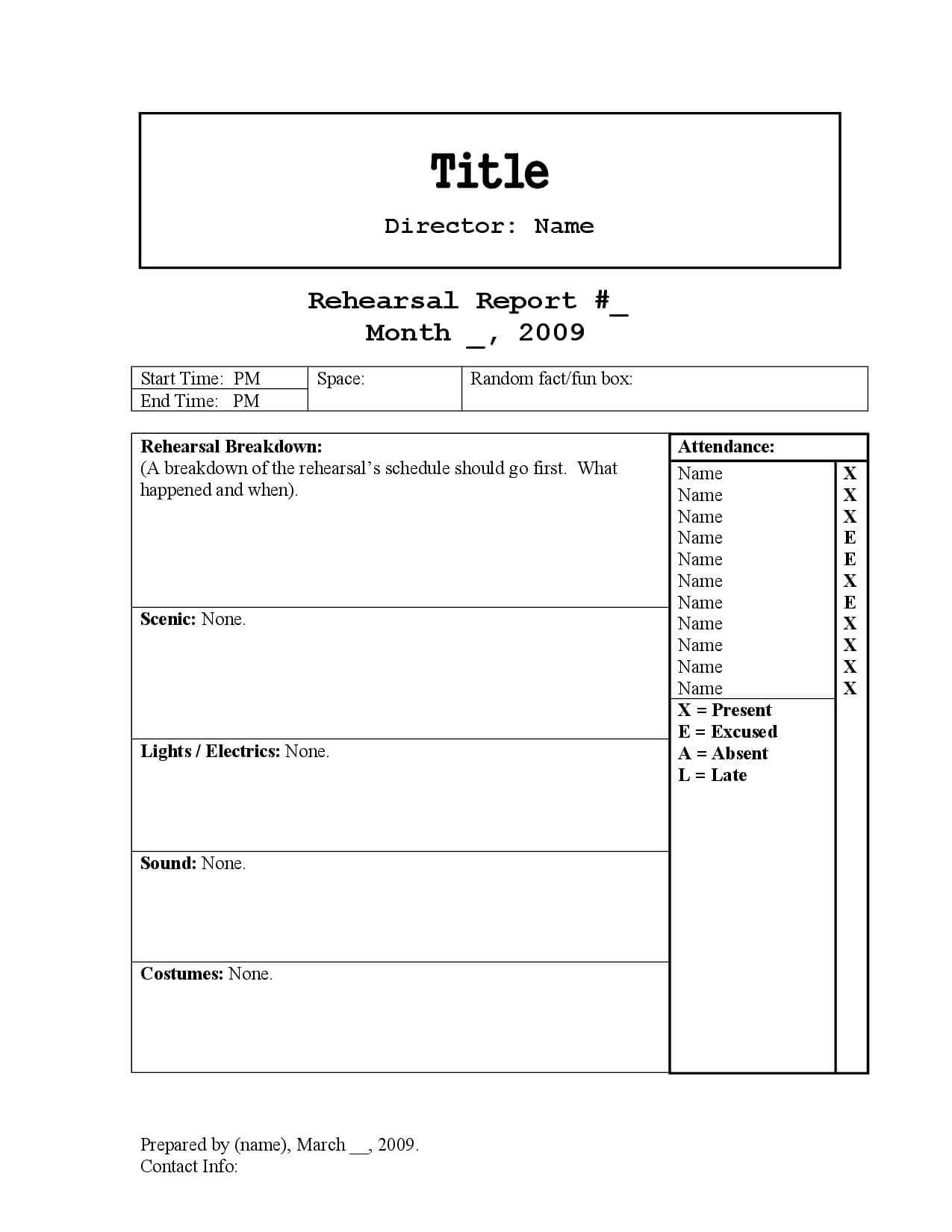 Rehearsal Report Template | Stage Manager, Rehearsal Regarding Rehearsal Report Template