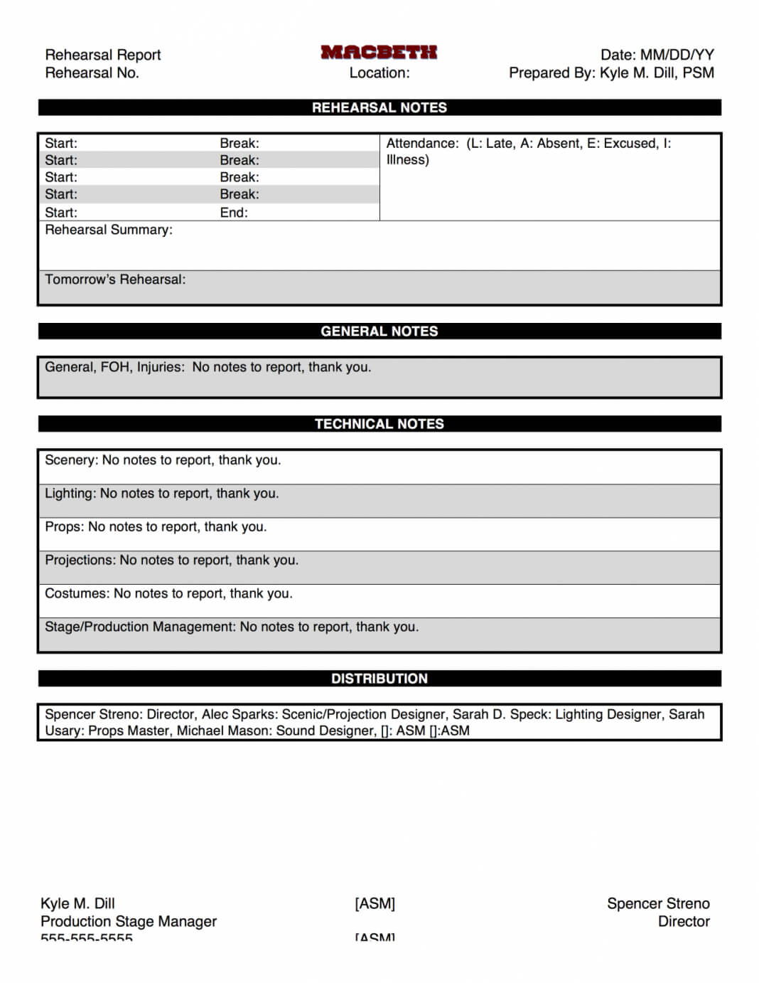 Rehearsal Report Template Stage Manager Theatre Pdf E Es Fp Inside Rehearsal Report Template