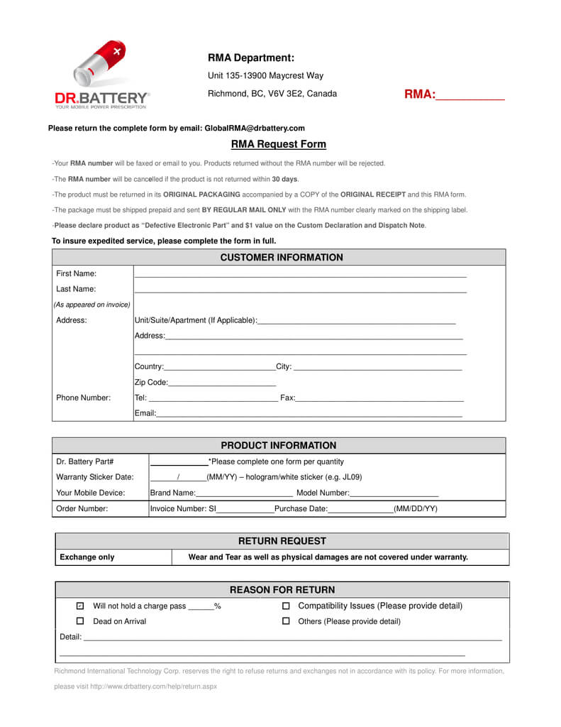 Rma Department: Rma:       Rma Request Form For Rma Report Template