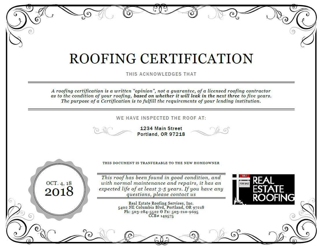 Roof Certification: Sample | Real Estate Roofing Pertaining To Roof Certification Template