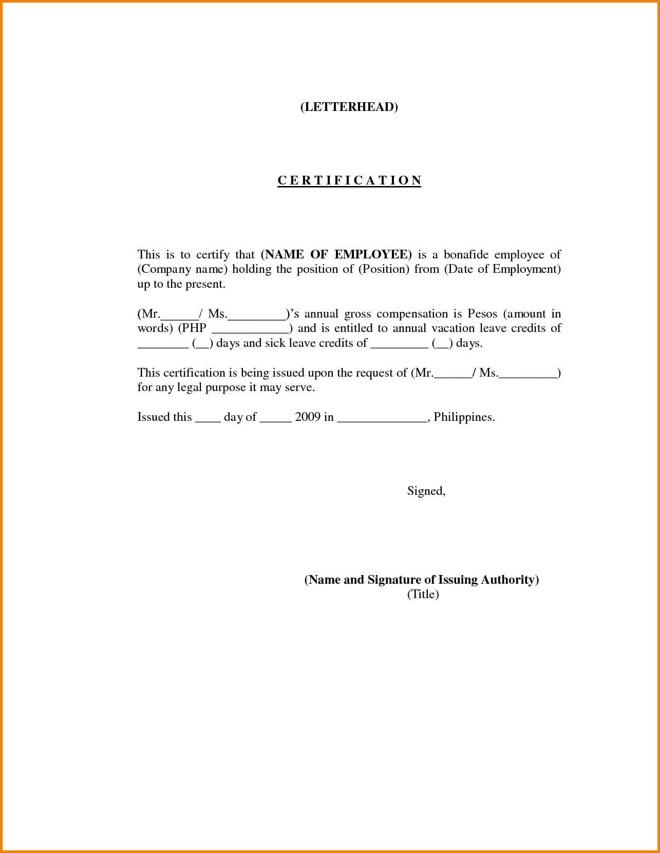 Sample Certificate Of Employment And Compensation – Forza With Regard To Template Of Certificate Of Employment