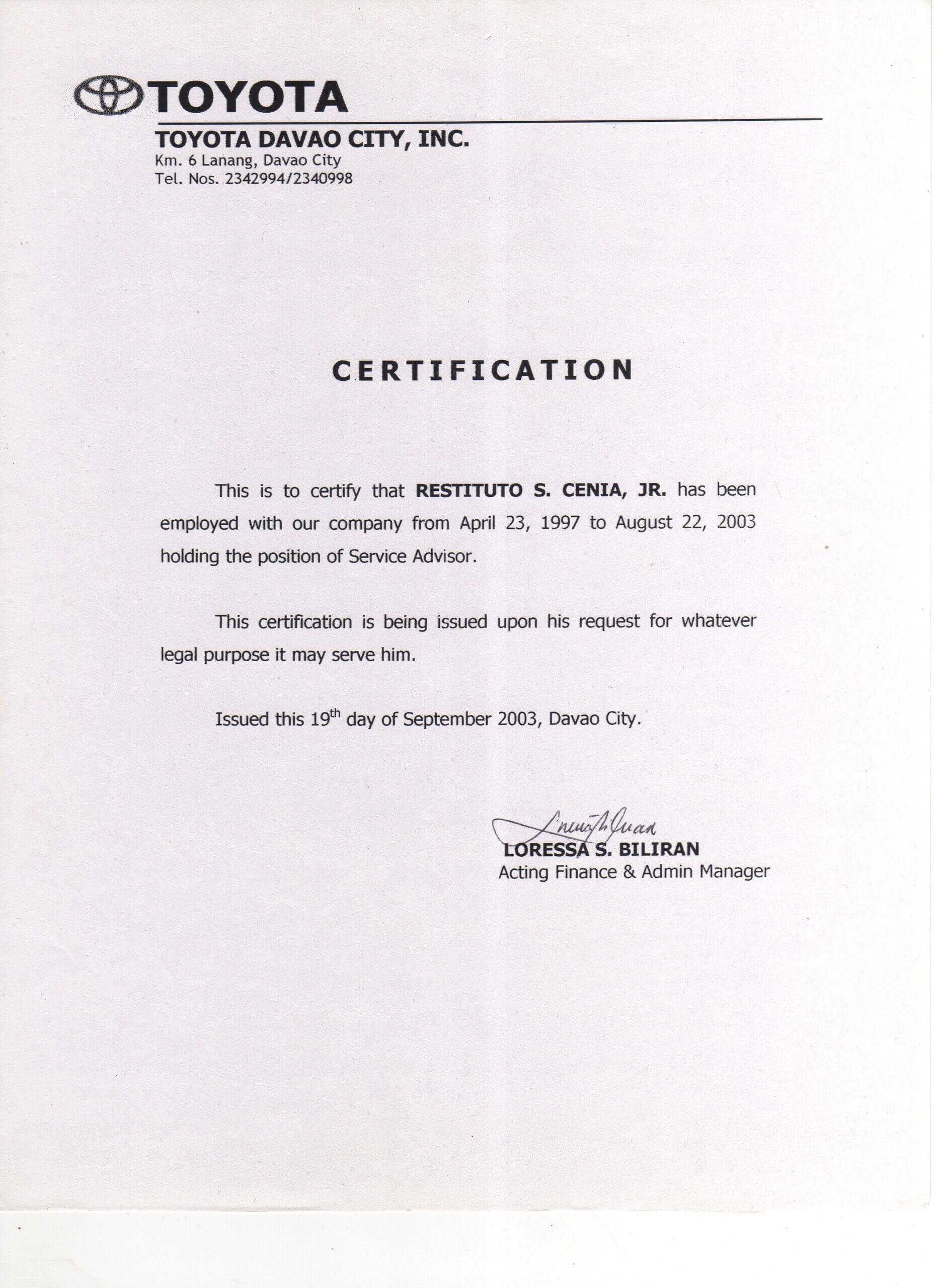 Sample Certificate Of Employment And Compensation – Forza Within Template Of Certificate Of Employment