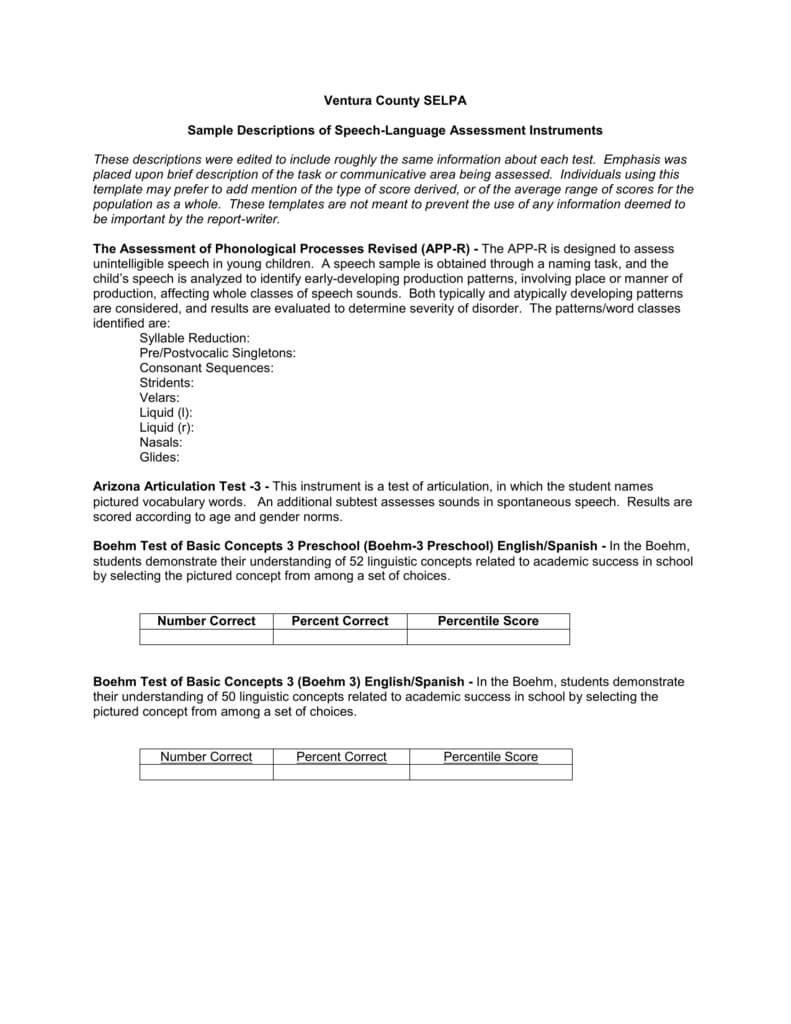 Sample Descriptions Of Speech Language Assessment Instruments For Speech And Language Report Template