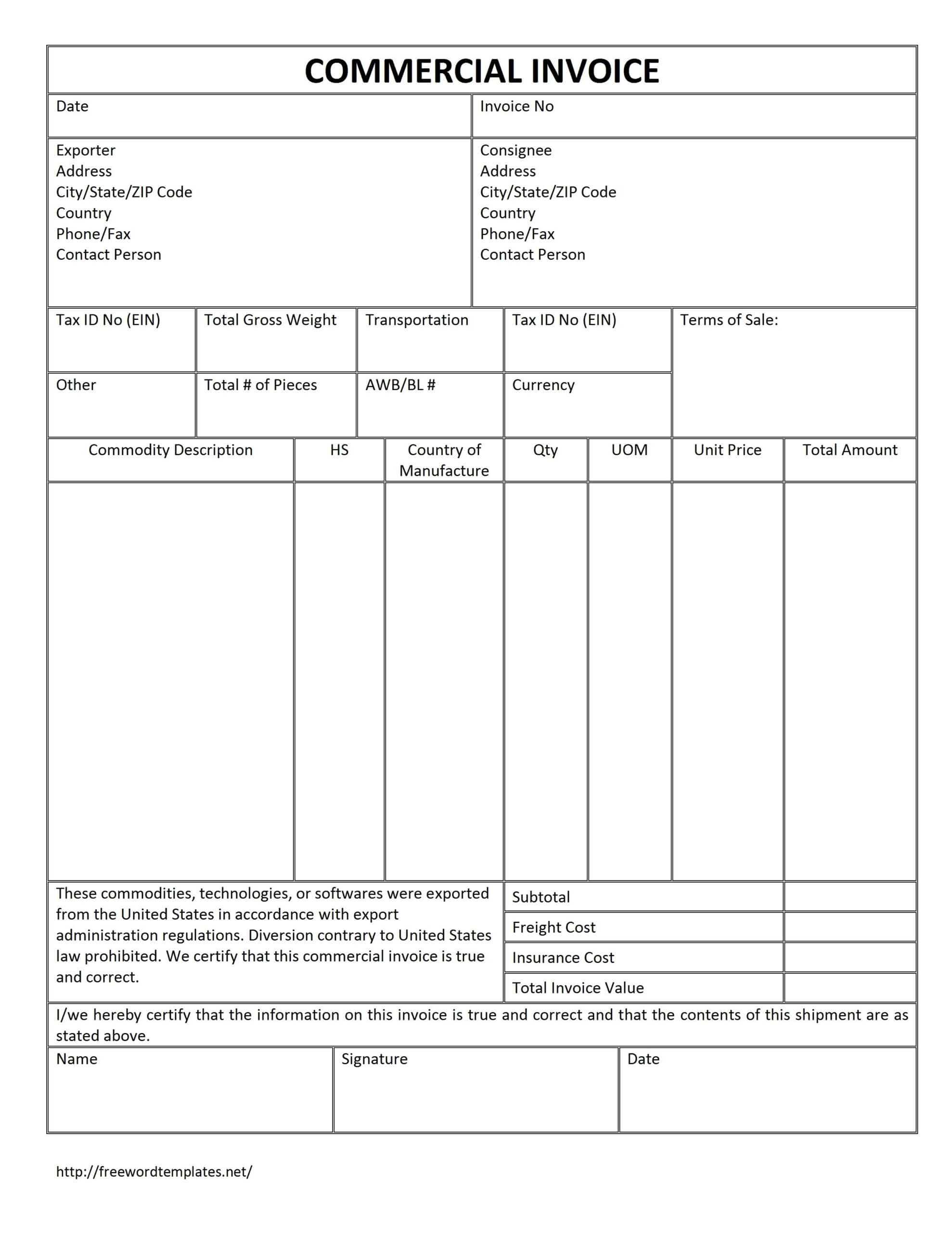 Sample Export Invoice Format Of Export Invoice In Excel Intended For Commercial Invoice Template Word Doc