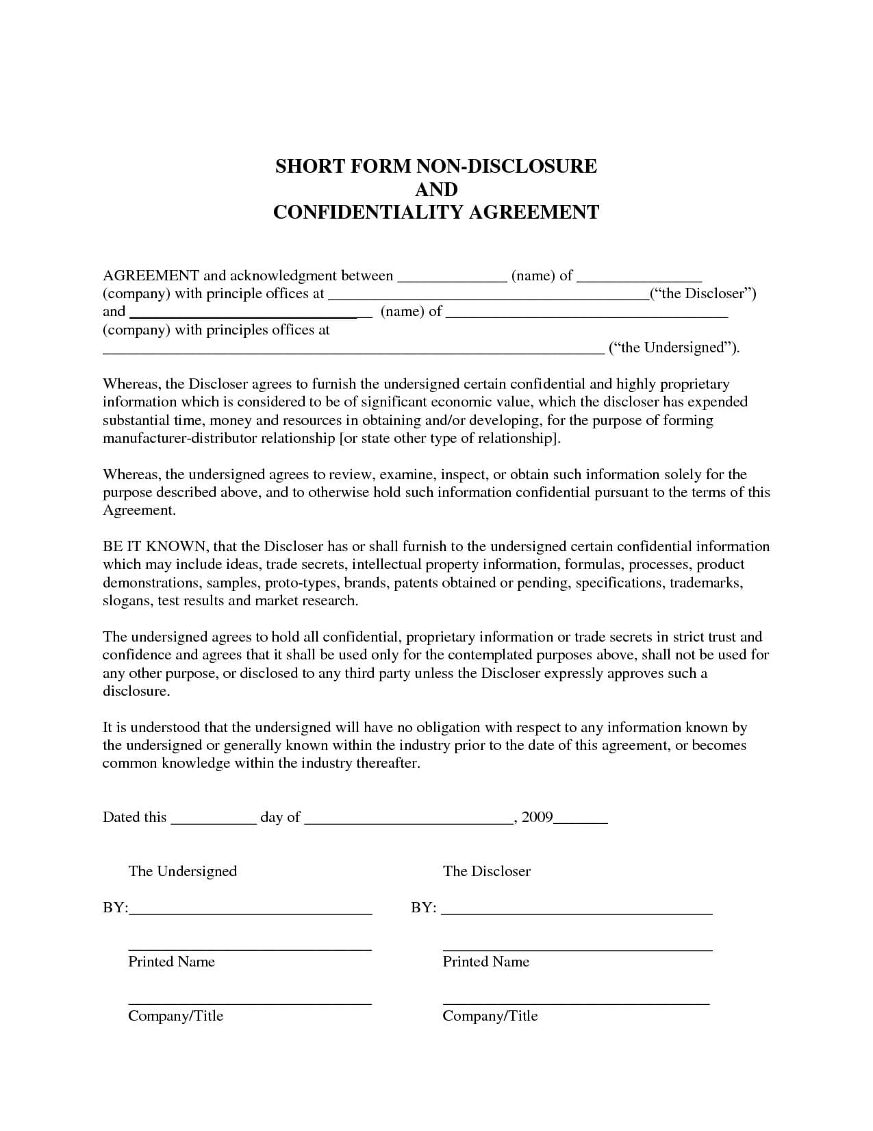 Sample Non Disclosure Agreement | Confidentiality Agreement With Nda Template Word Document