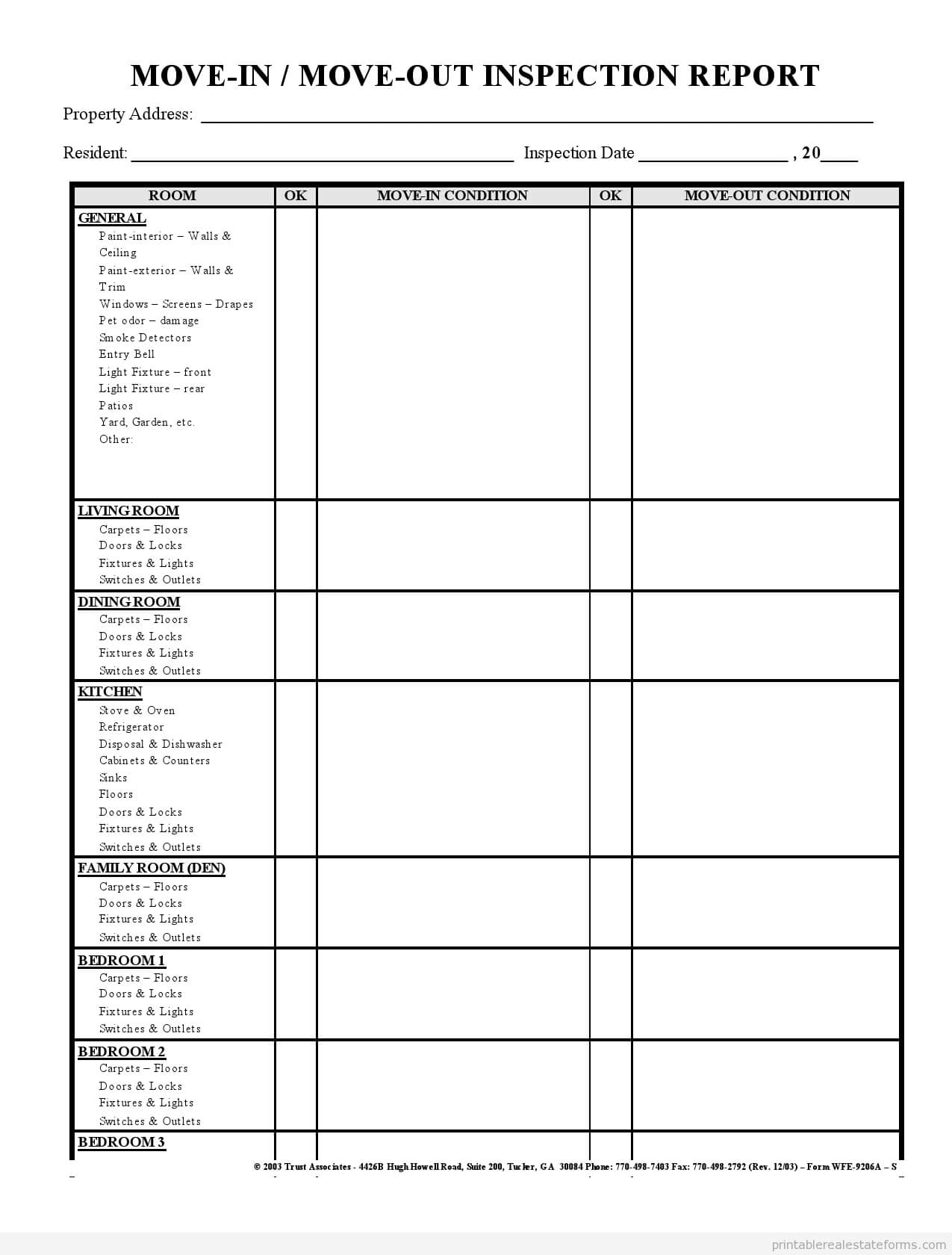 Sample Printable Move In Move Out Inspection Report Form In Property