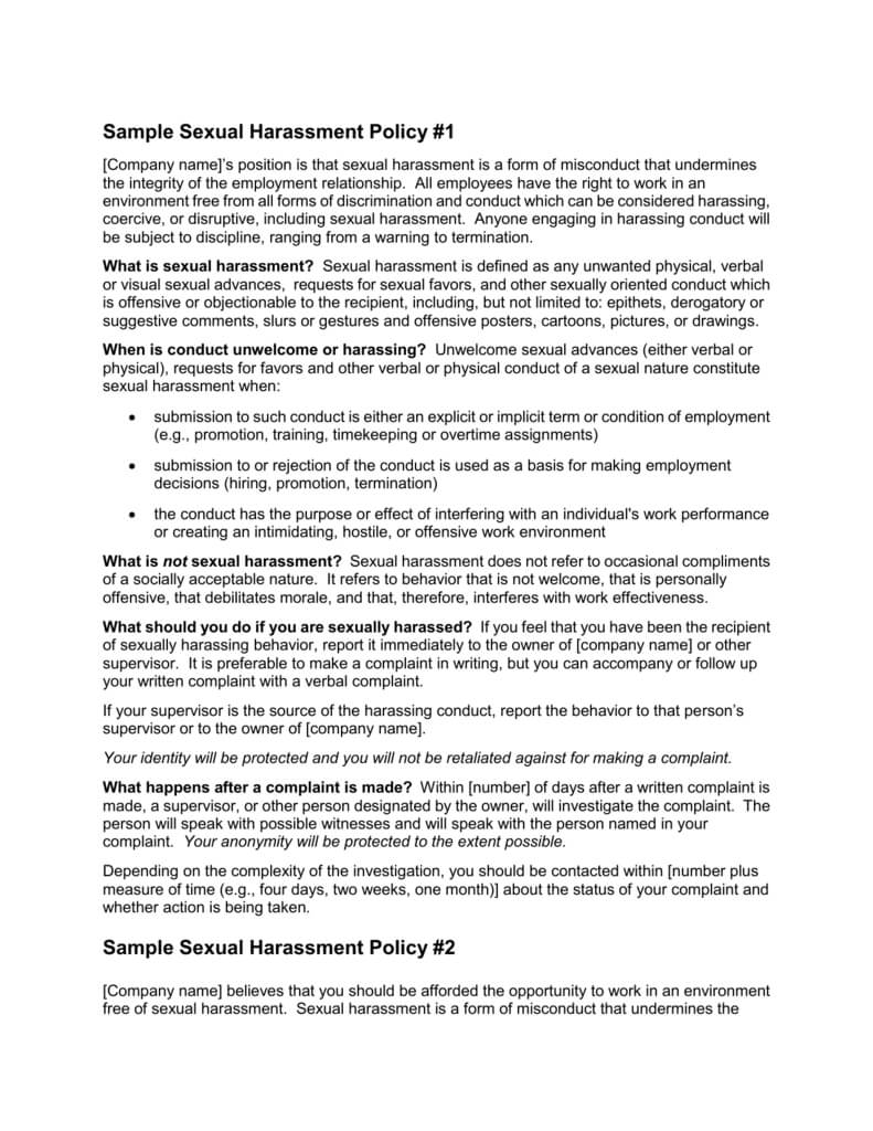 Sample Sexual Harassment Policy #1 For Sexual Harassment Investigation Report Template