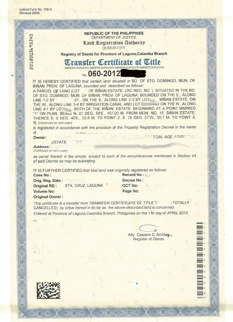 Sample Transfer Certificate Of Title Of A Parcel Of Land With Certificate Of Ownership Template