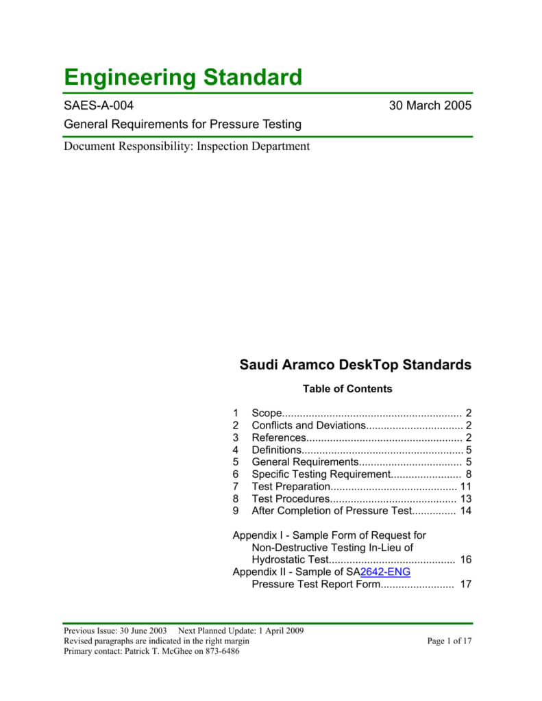 Saudi Aramco Engineering Standard Regarding Hydrostatic Pressure Test Report Template