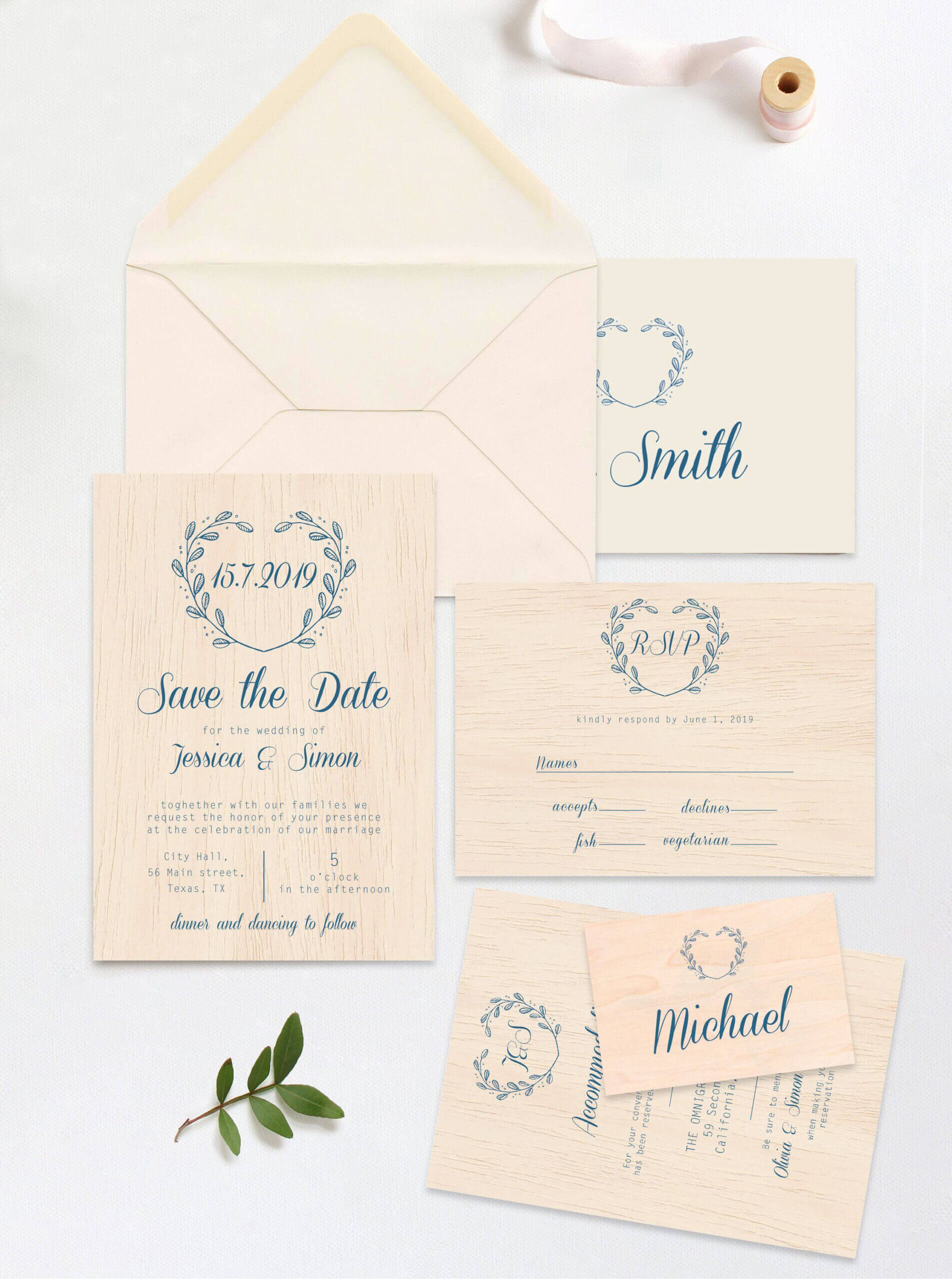 Save The Date Template Printed On Real Thin Wood, Wedding With Place Card Size Template