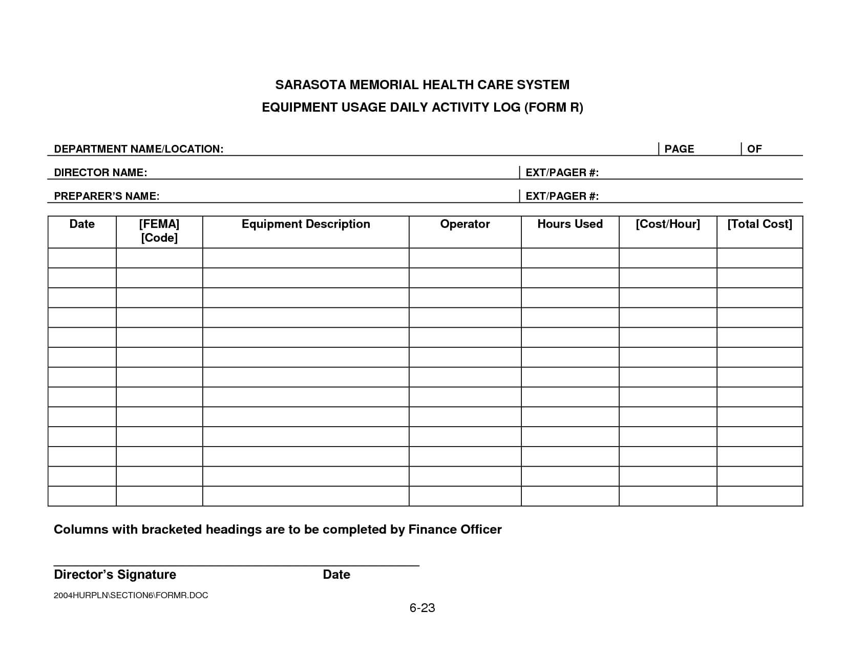 Security Daily Activity Log Template | Smhcs Equipment Usage Regarding Incident Report Log Template