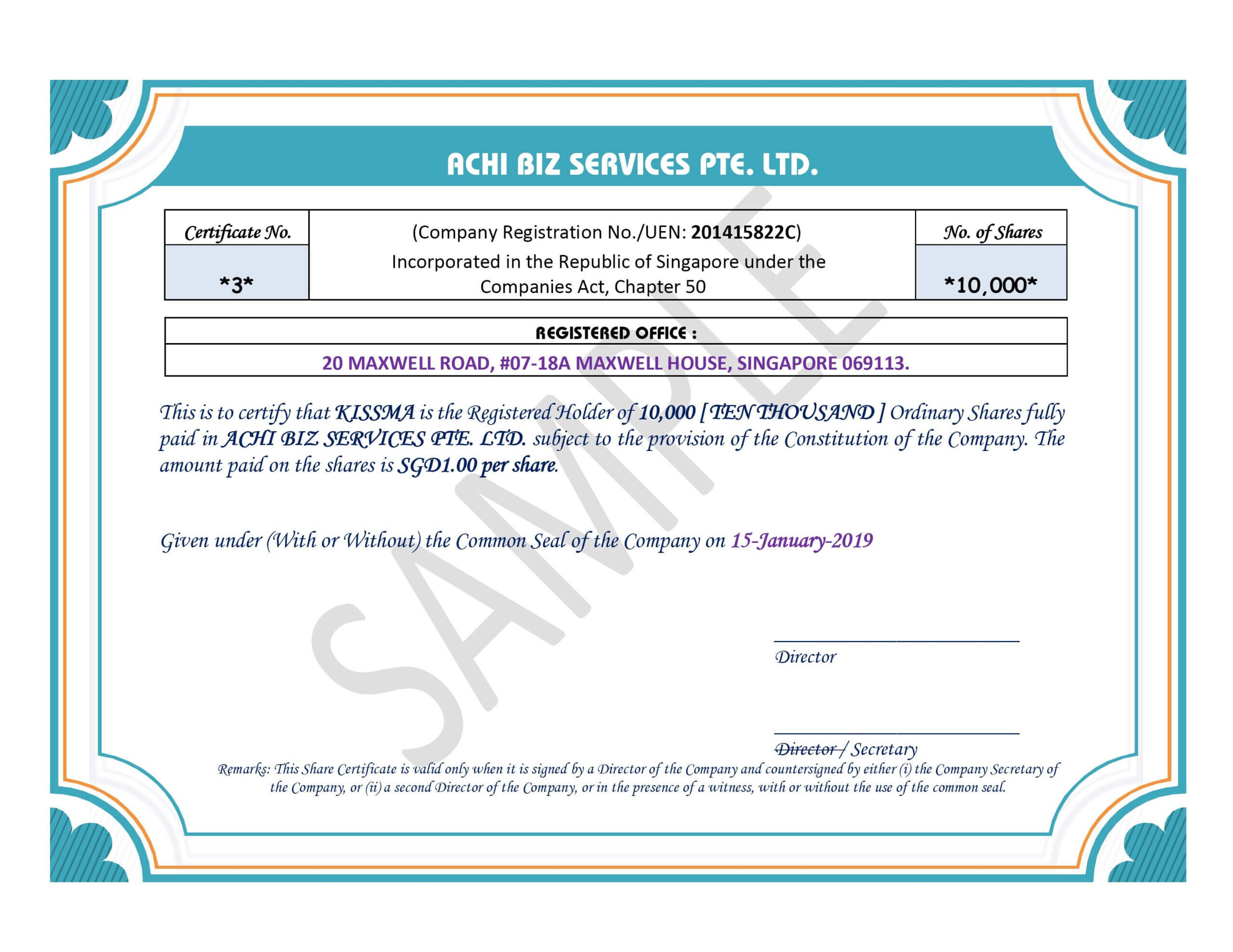 Share Certificate In Singapore ~ Achibiz For Template Of Share Certificate