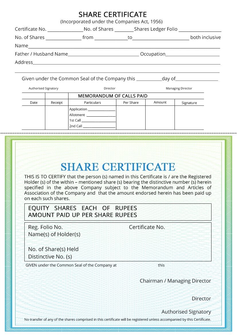 Share Certificate – Indiafilings With Shareholding Certificate Template