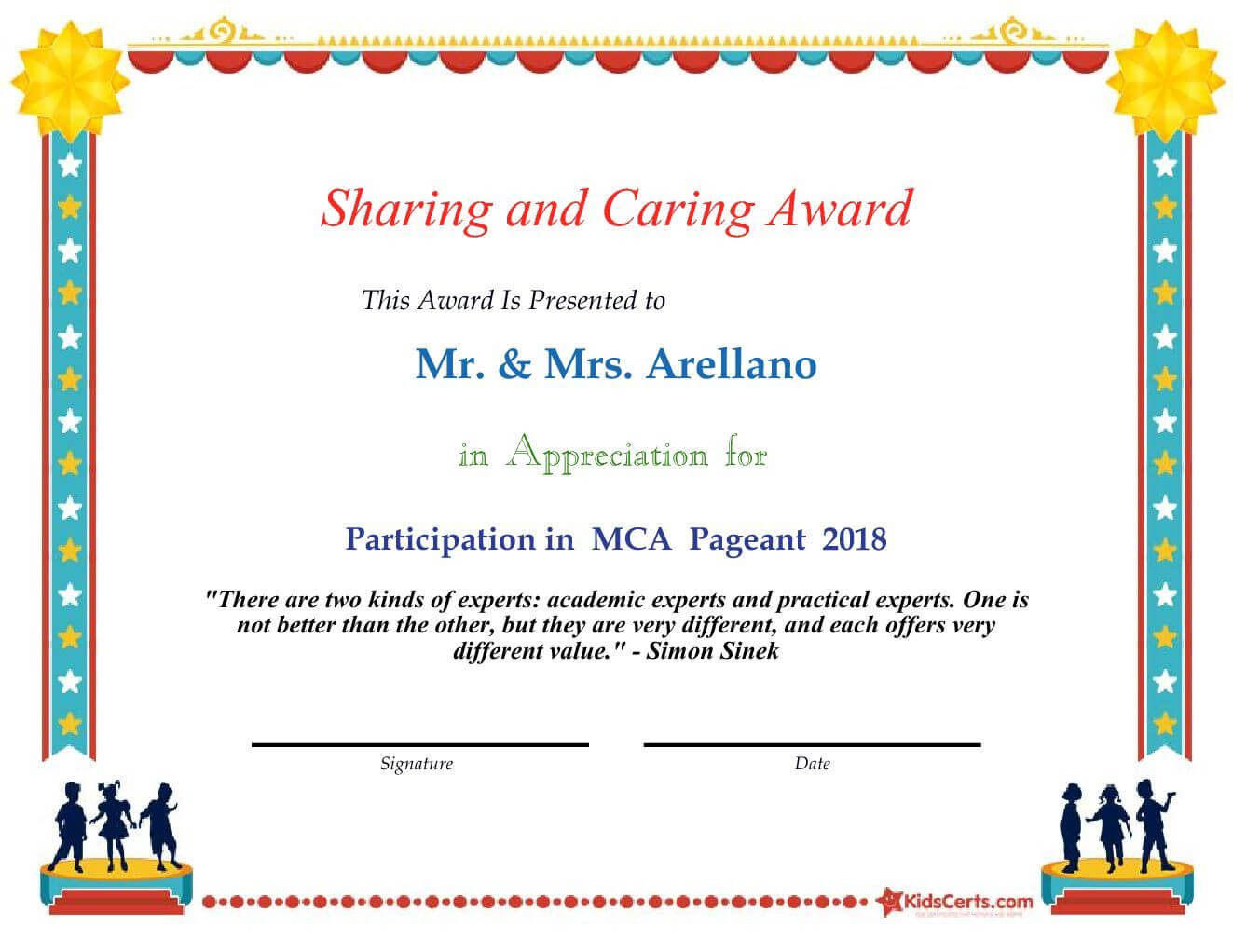 Sharing And Caring Award – Participation In Mca Pageant 2018 With Pageant Certificate Template