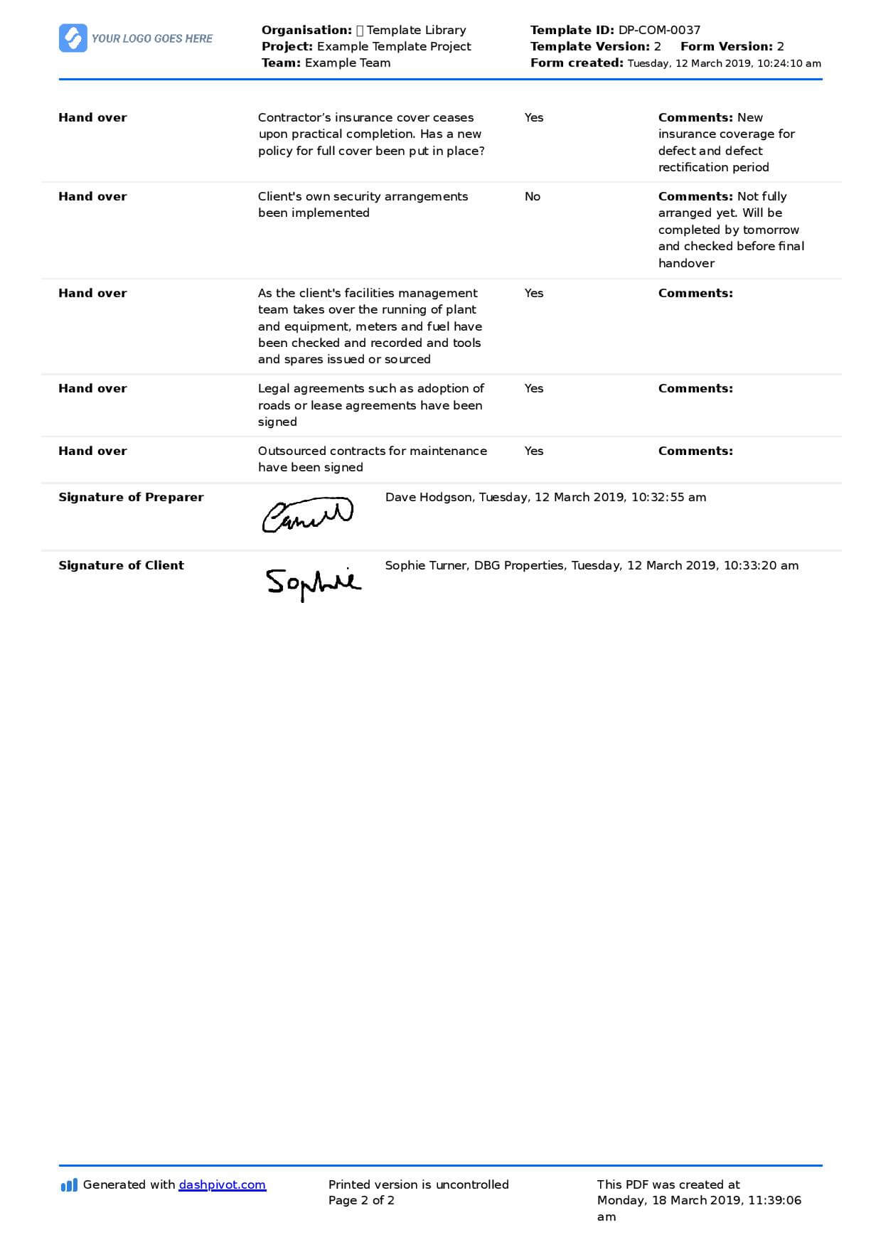 Site Handover Letter: Handover Letter To Client Or For Handover Certificate Template