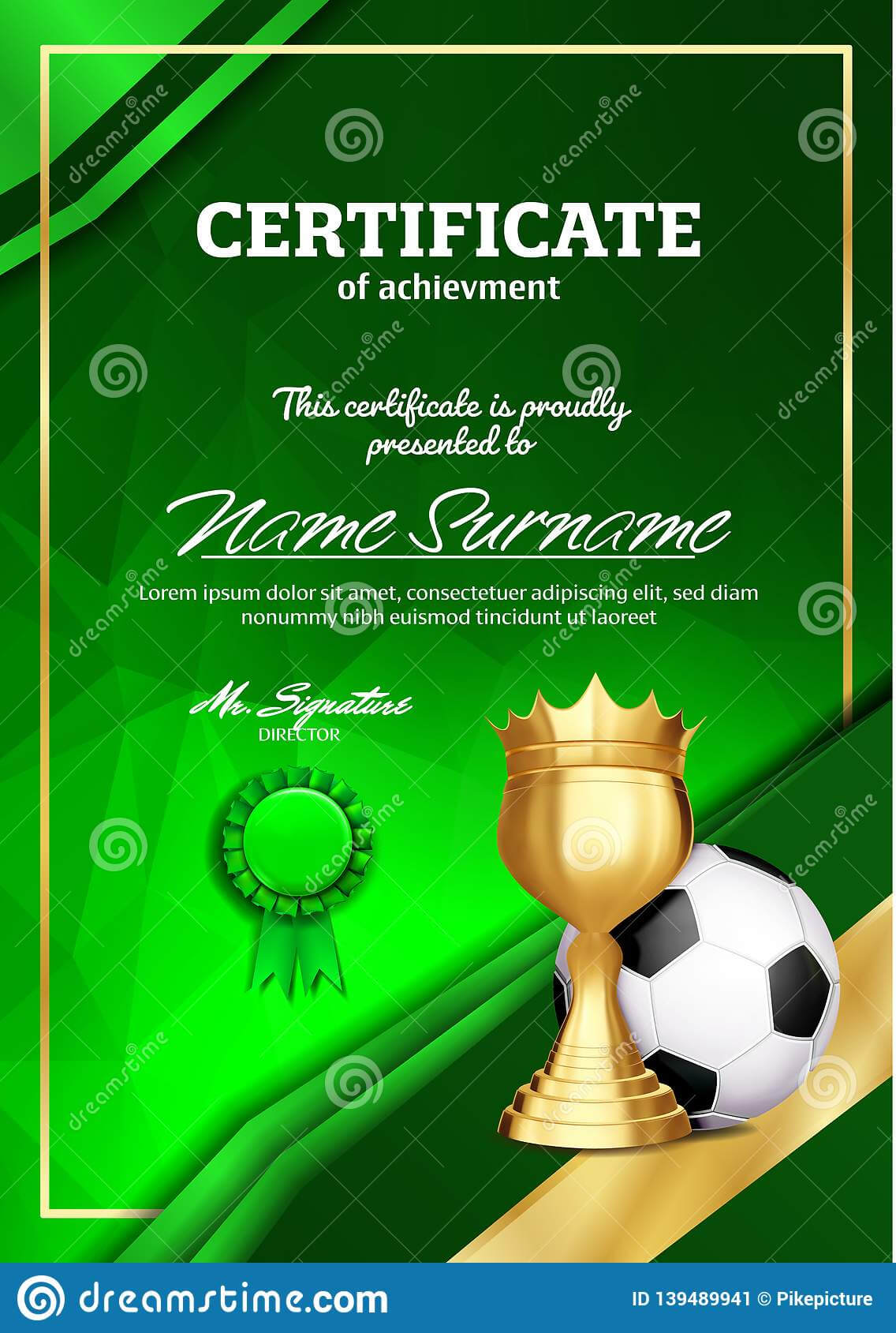 Soccer Certificate Diploma With Golden Cup Vector. Football Inside Soccer Award Certificate Template