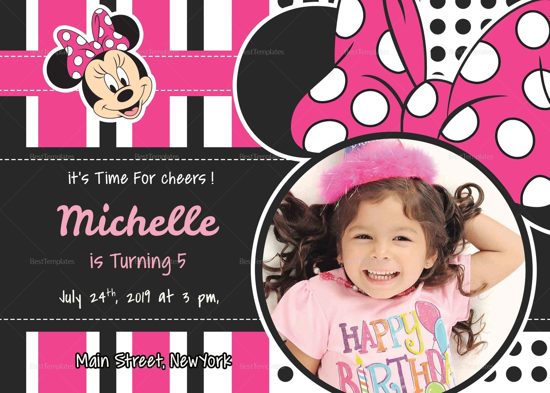 Sparkling Minnie Mouse Birthday Invitation Card Template For Minnie Mouse Card Templates