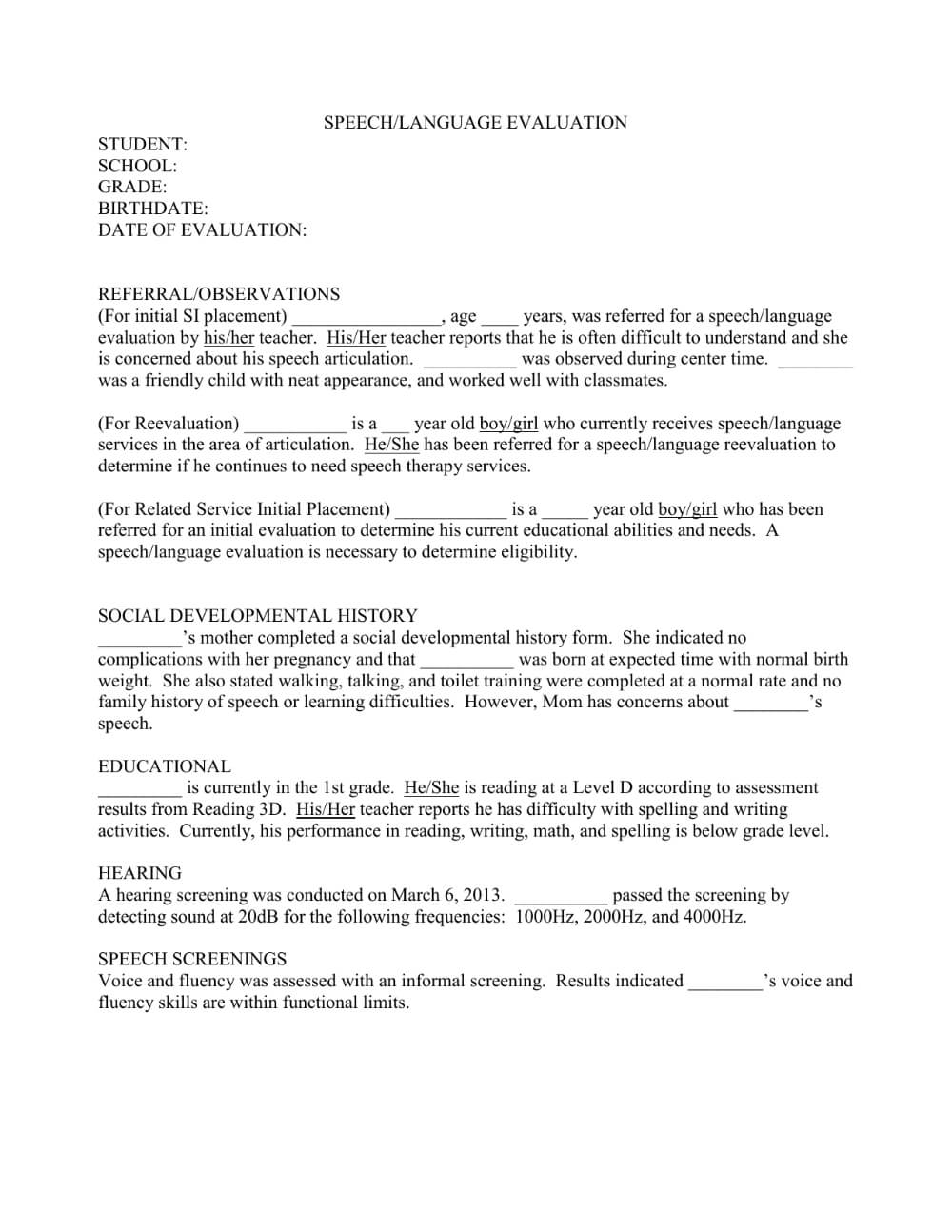 Speechevaluationreporttemplate Within Speech And Language In Speech And Language Report Template