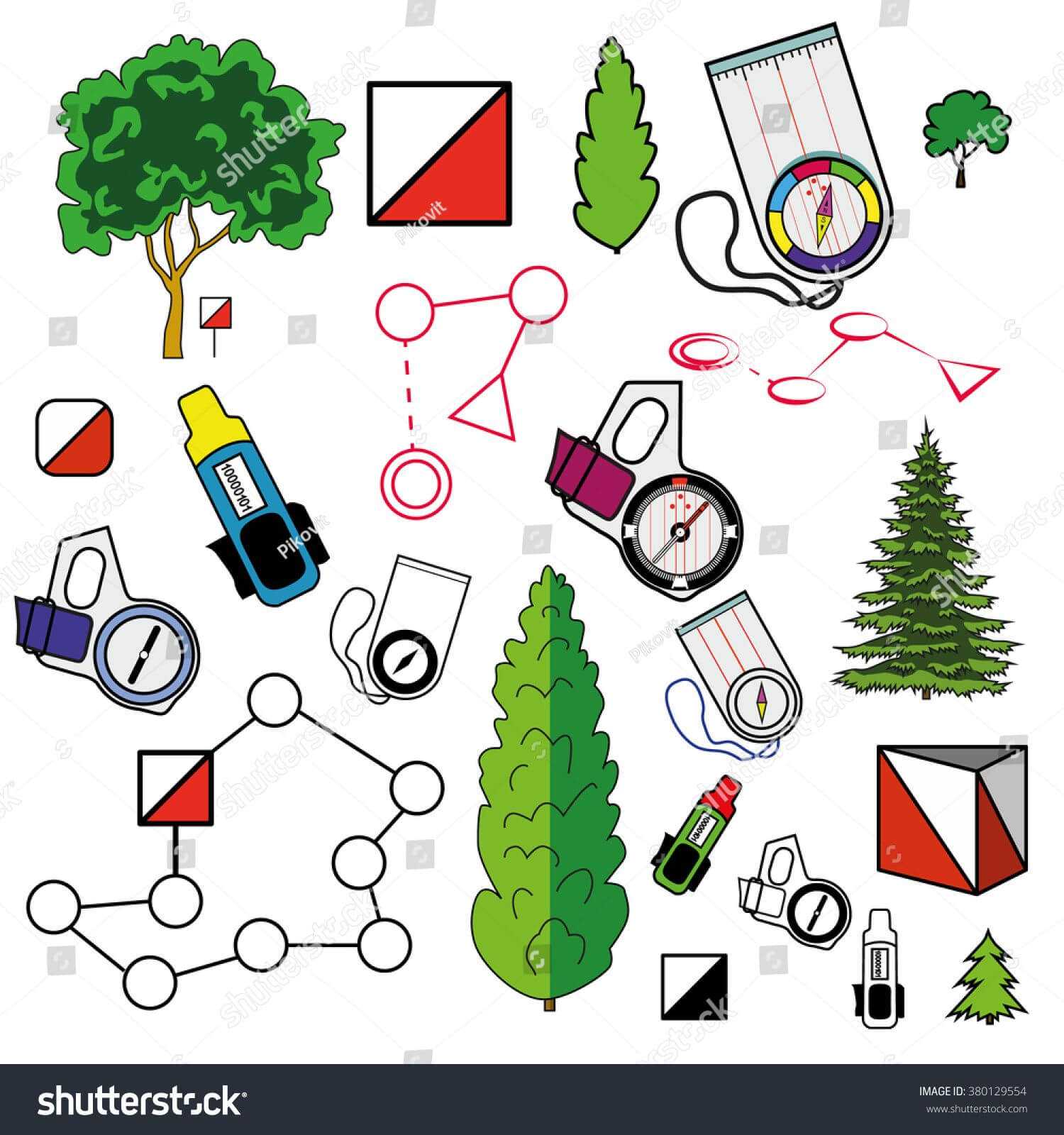 Sports Orienteering Icons Set Of Elements: Control Points With Orienteering Control Card Template