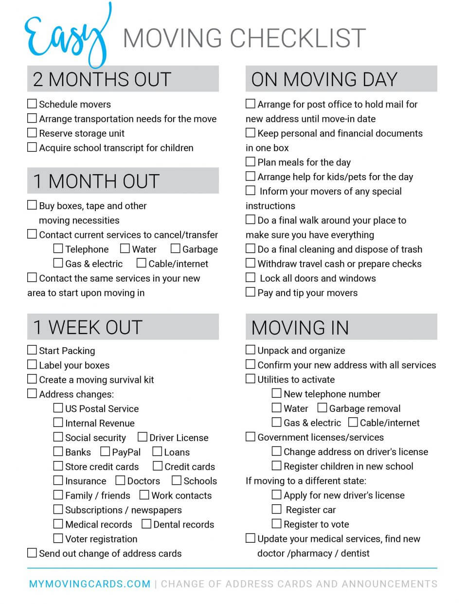 Spreadsheet Moving House Checklist Free Printable Download Pertaining To Moving Home Cards Template