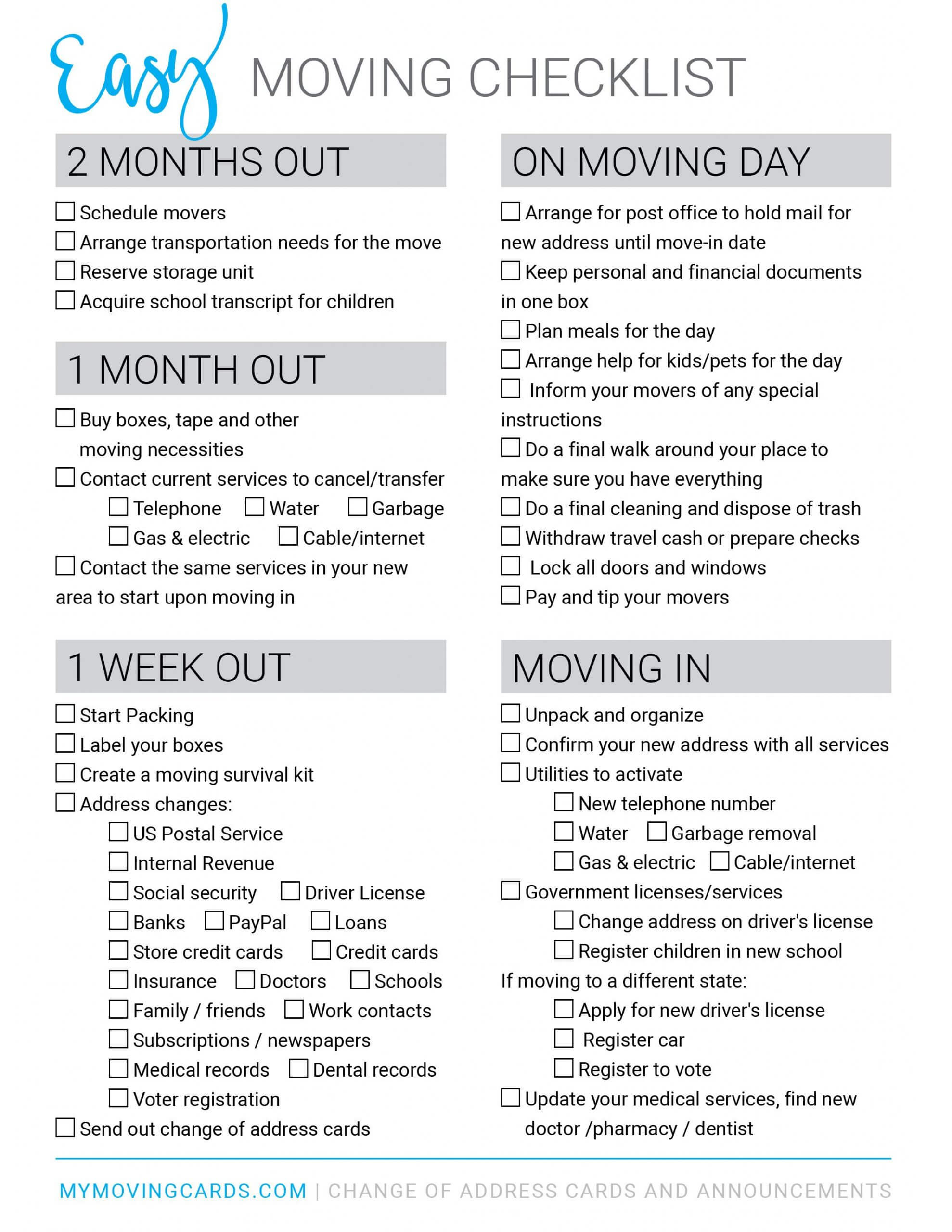 Spreadsheet Moving House Checklist Free Printable Download Within Free Moving House Cards Templates