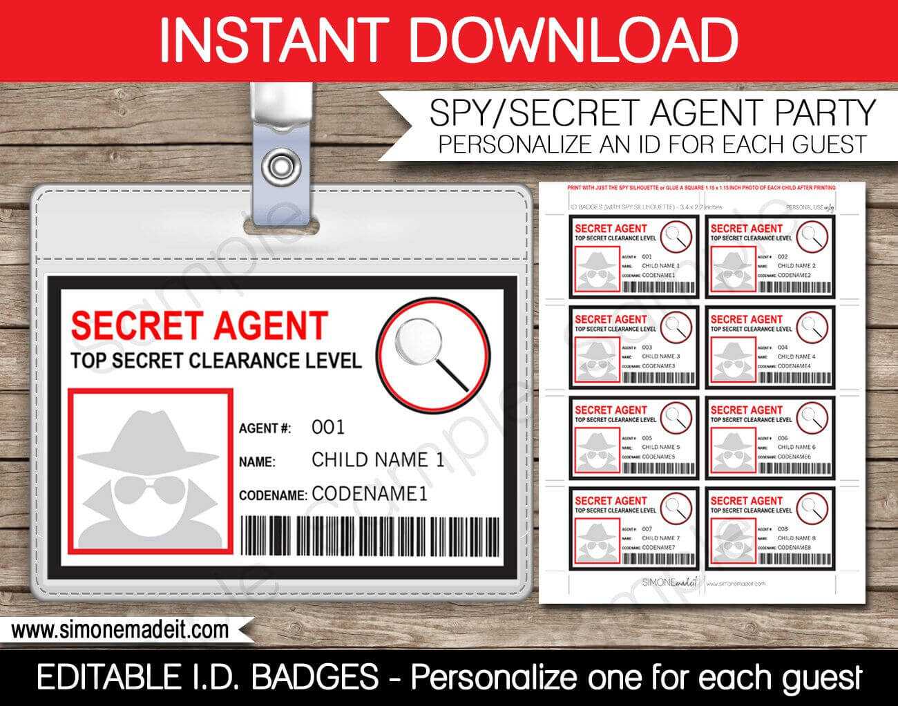 Spy Birthday Party Badge - Secret Agent Badge - Printable Id In Spy Id Card Template