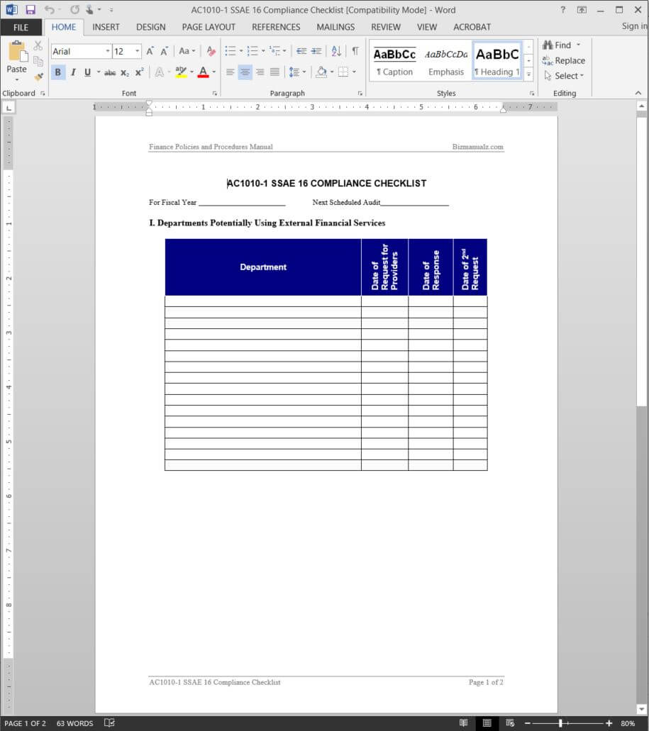 Ssae 16 Compliance Checklist Template | Ac1010 1 Inside Ssae 16 Report Template