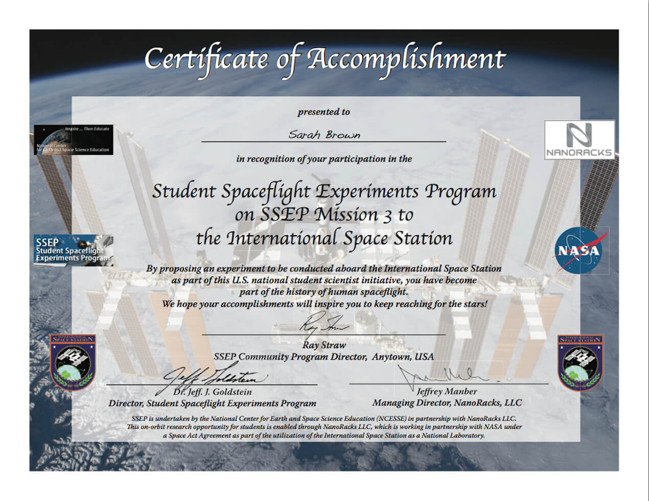 Ssep Mission 3 To Iss Student Certificates Of Accomplishment Within Conference Participation Certificate Template
