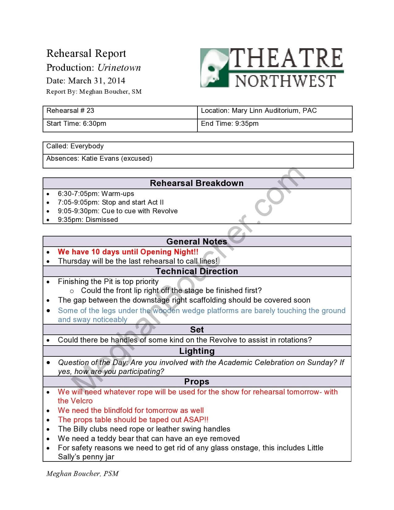 Stage Manager Rehearsal Report – Google Search | Stage Inside Rehearsal Report Template