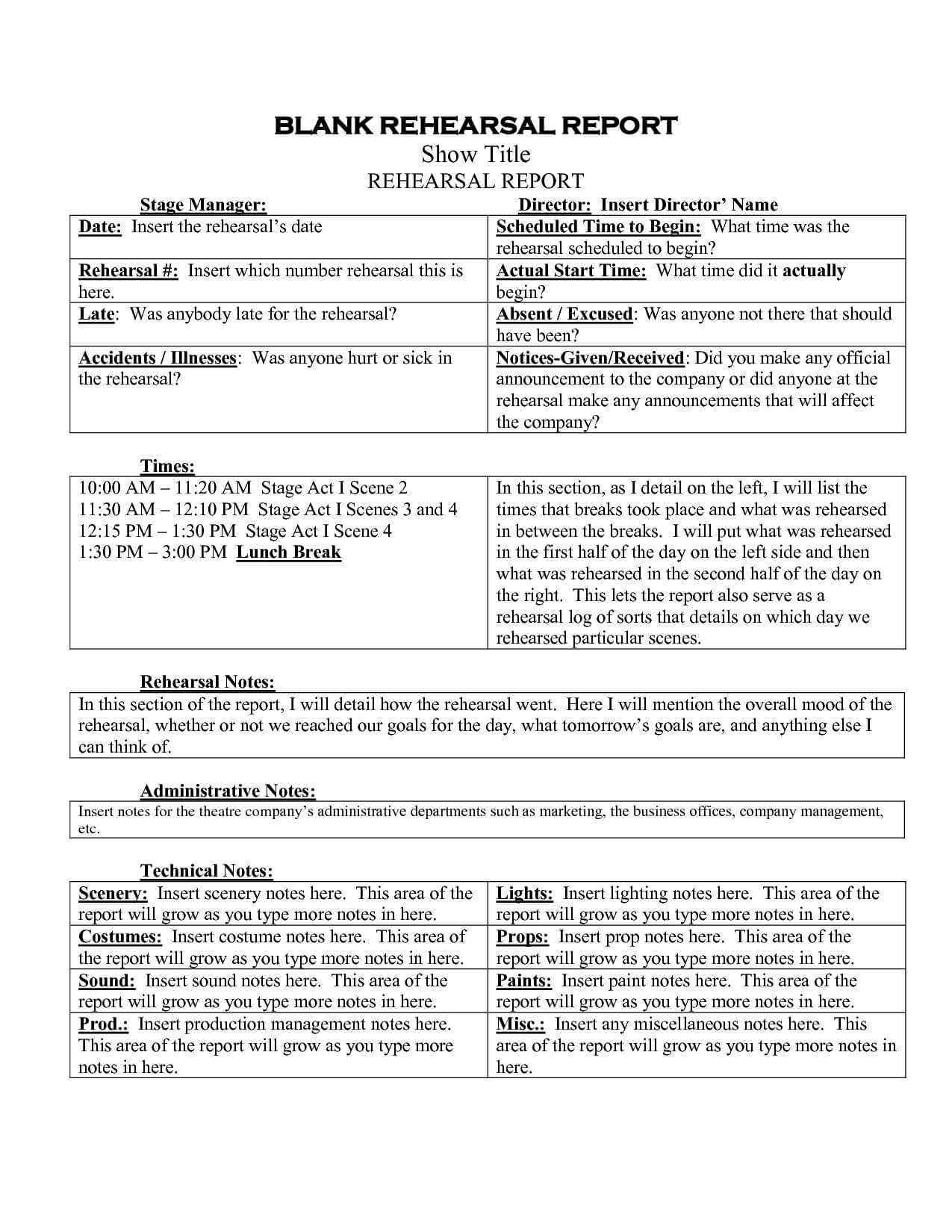 Stage Manager Rehearsal Report – Google Search | Teaching In Rehearsal Report Template