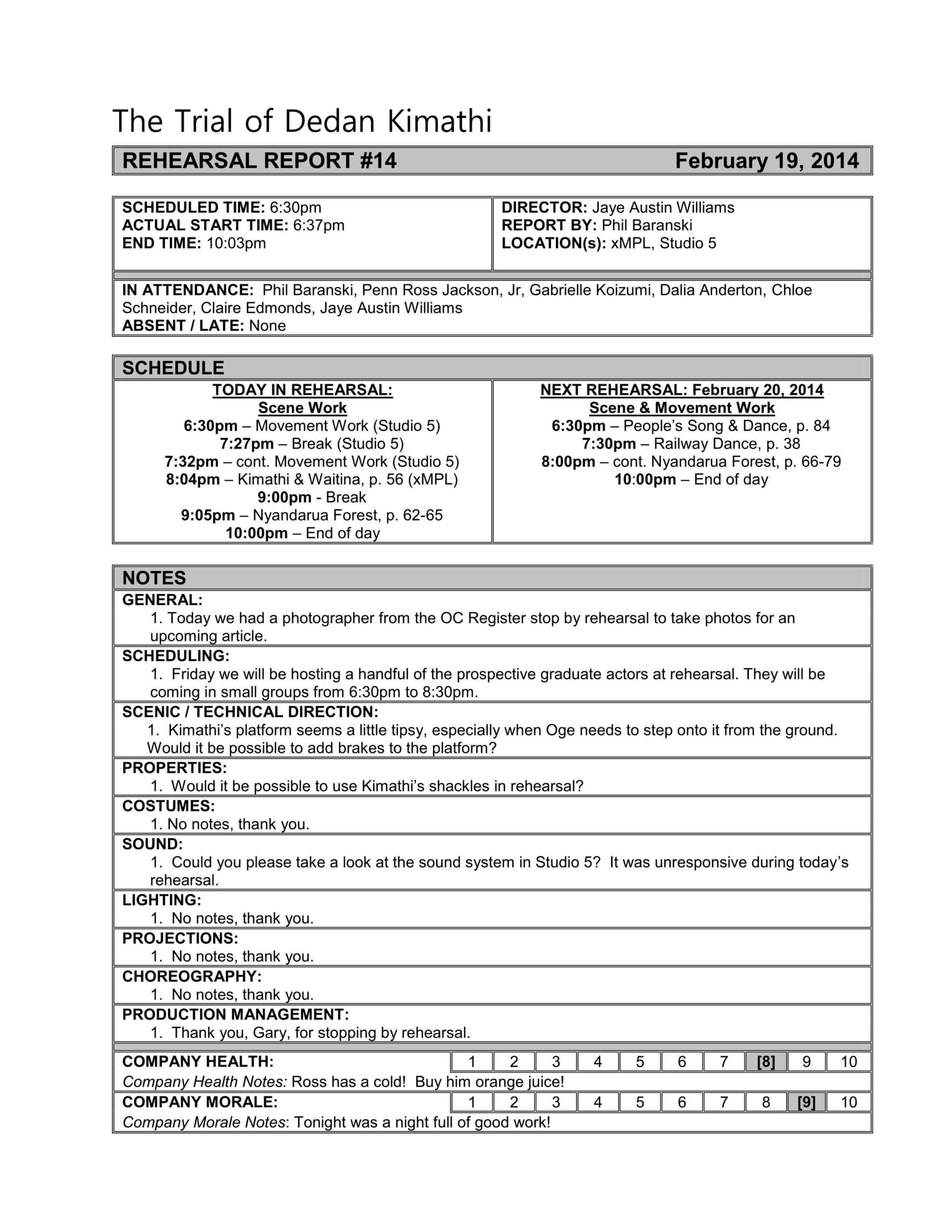 Stage Manager Rehearsal Report - Google Search | Theatre With Regard To Rehearsal Report Template