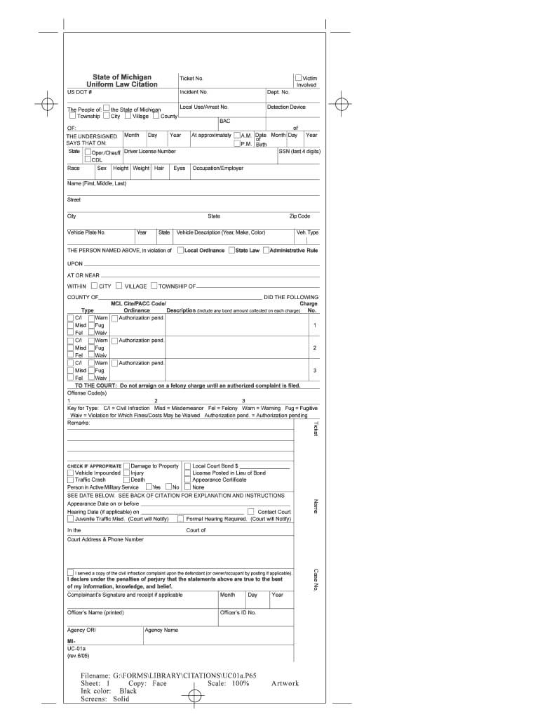State Of Michigan Uniform Law Citation – Fill Online With Regard To Blank Speeding Ticket Template