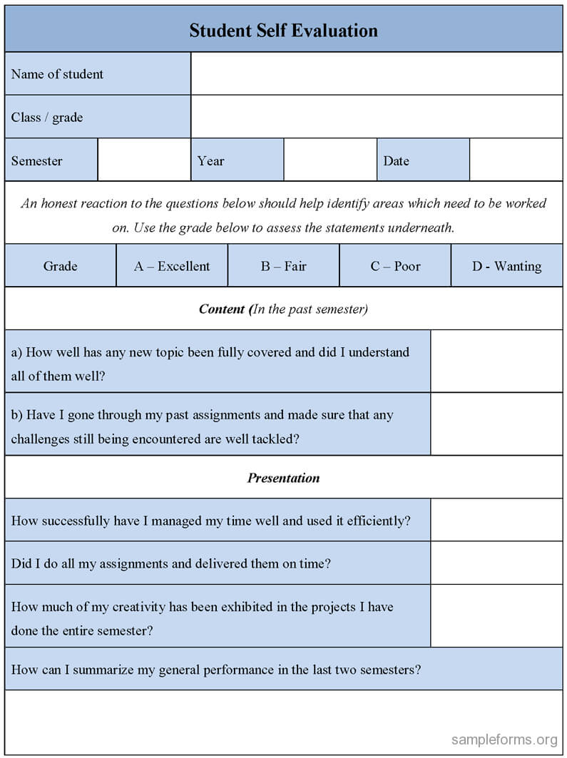Student Self Evaluation Form : Sample Forms In Student Feedback Form Template Word