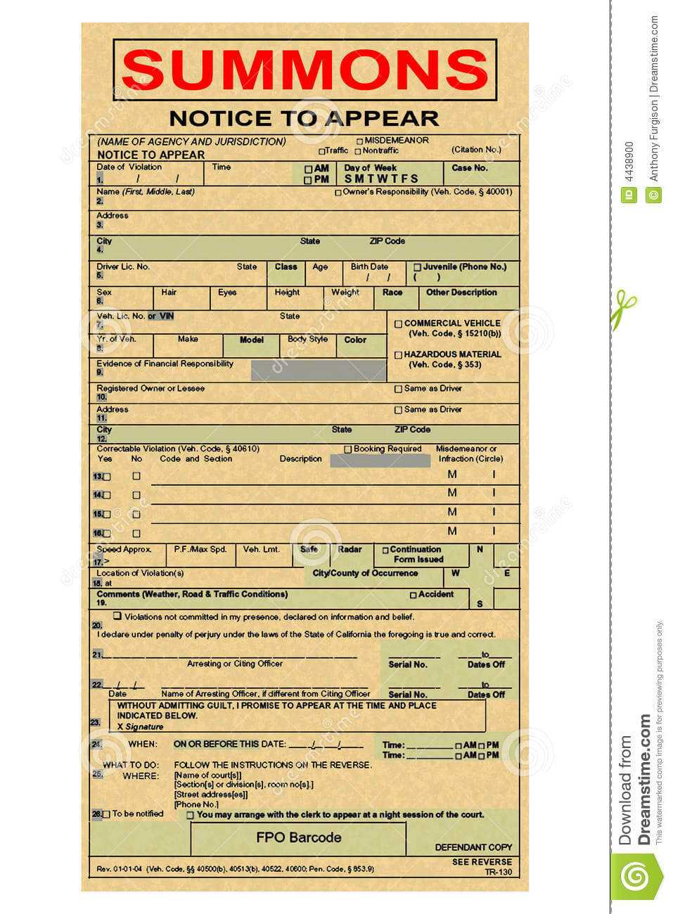 Summons Ticket To Court Stock Photo. Image Of Post, Official Intended For Blank Speeding Ticket Template