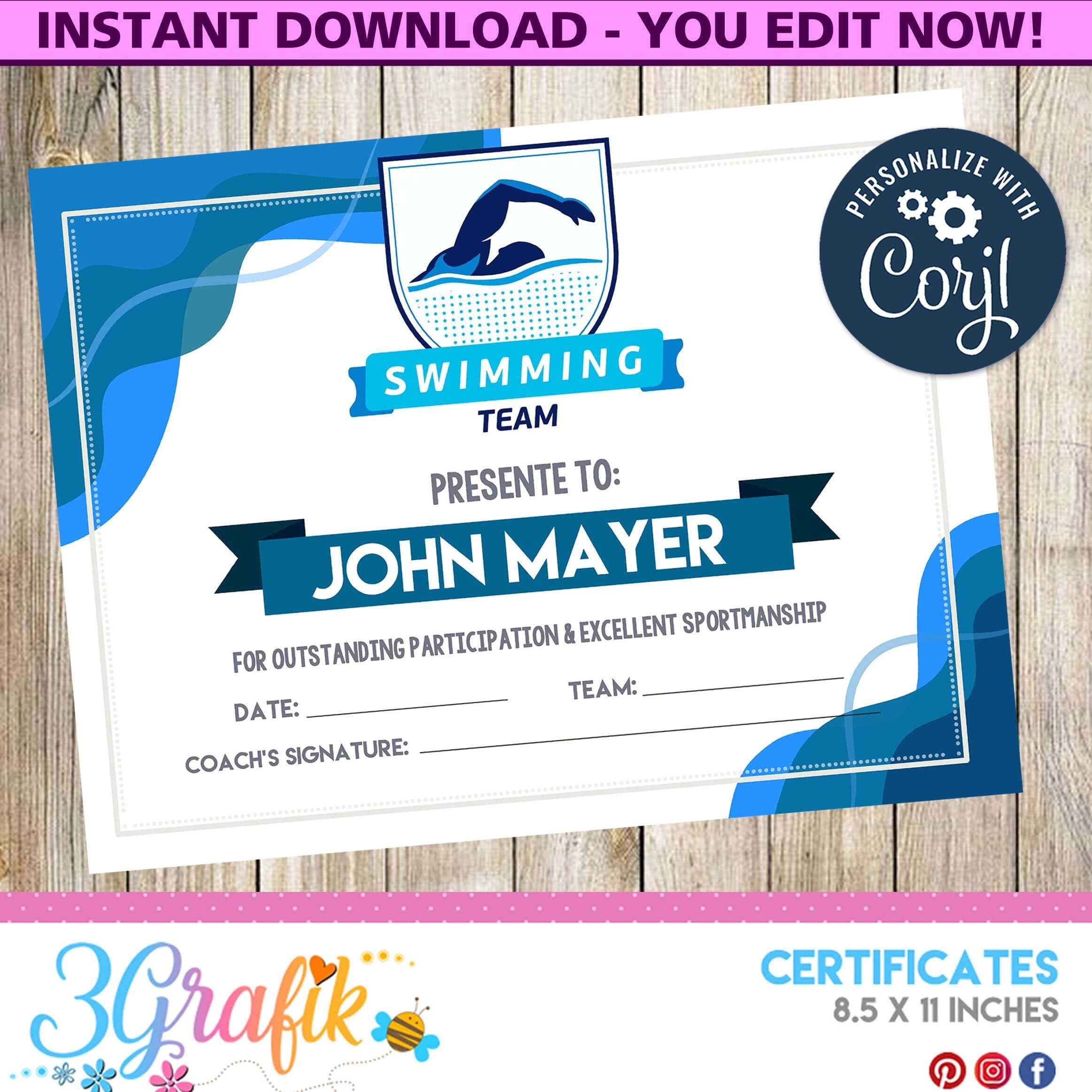 Swimming – Certificate – Printable – 3Grafik | Certificate Regarding Swimming Certificate Templates Free