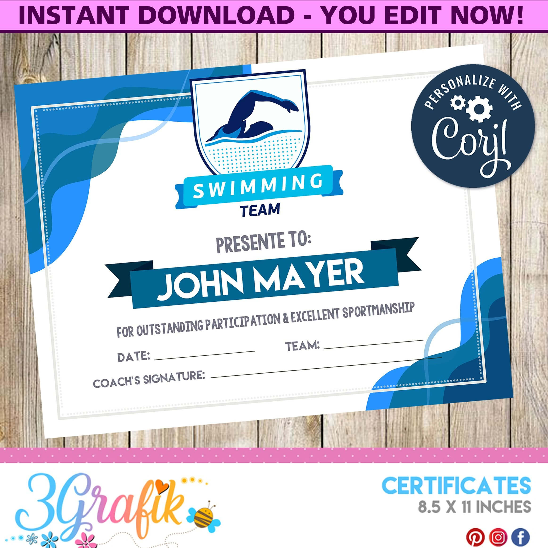 Swimming – Certificate – Printable – 3Grafik | Certificate Throughout Swimming Award Certificate Template