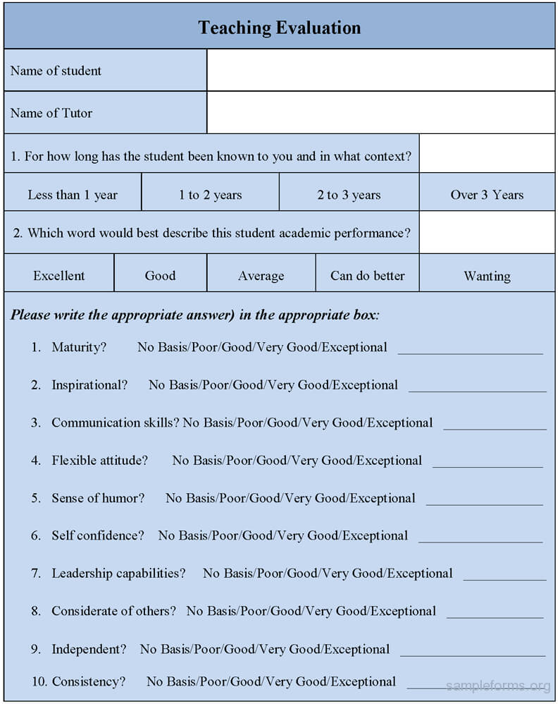 Teaching Evaluation Form : Sample Forms With Student Feedback Form Template Word