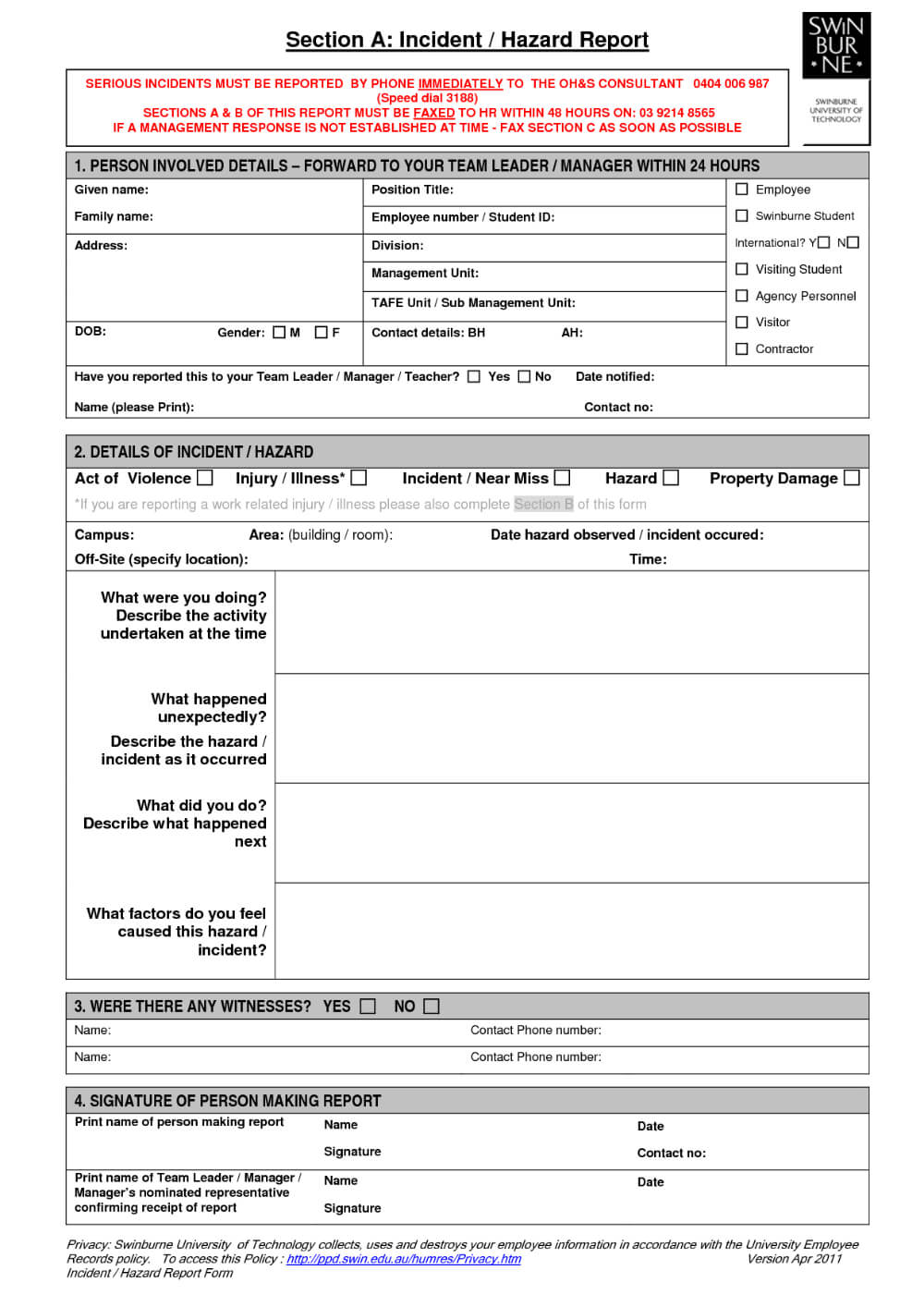 Technology Incident Report Template And Incident Report Regarding Hazard Incident Report Form Template