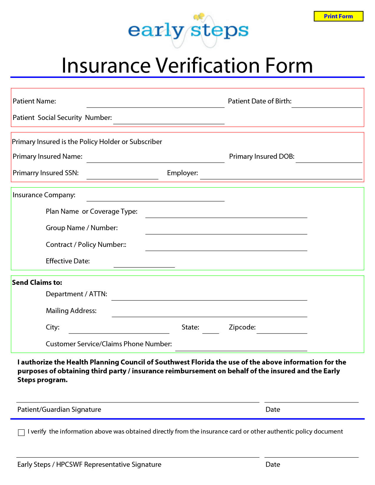 Template For Insurance Information In Planner | Blank For Customer Information Card Template