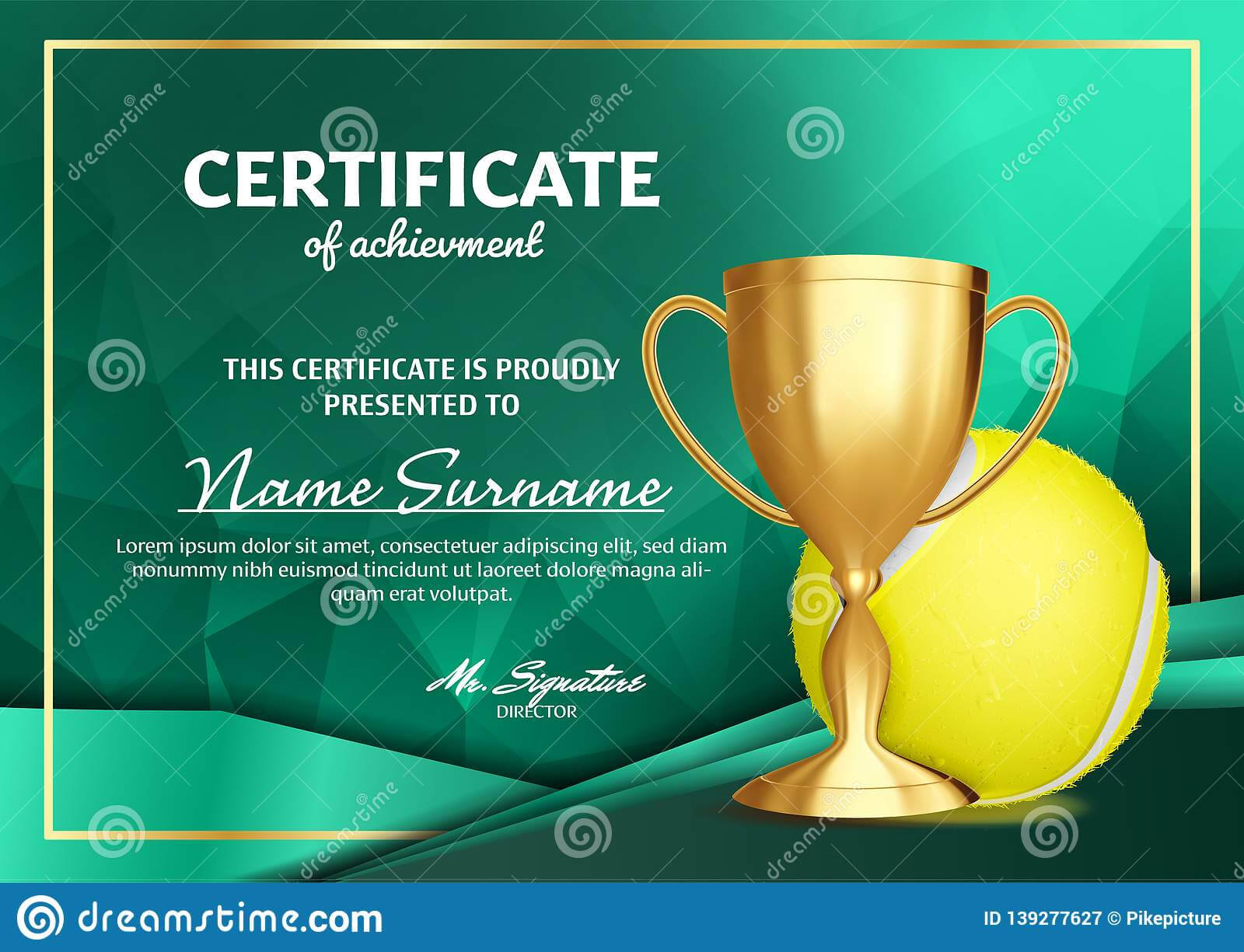 Tennis Certificate Diploma With Golden Cup Vector. Sport Regarding Tennis Certificate Template Free