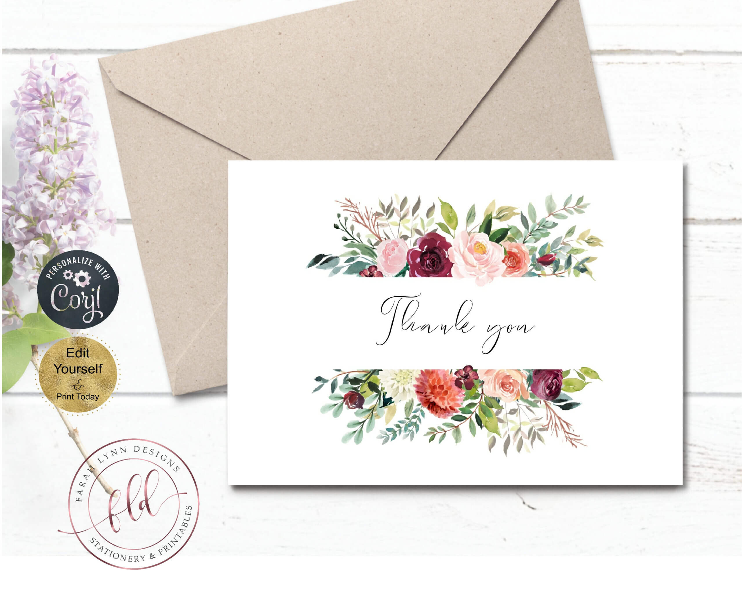 Thank You Note Card Template, Printable Fall Florals Wedding With Regard To Thank You Note Card Template