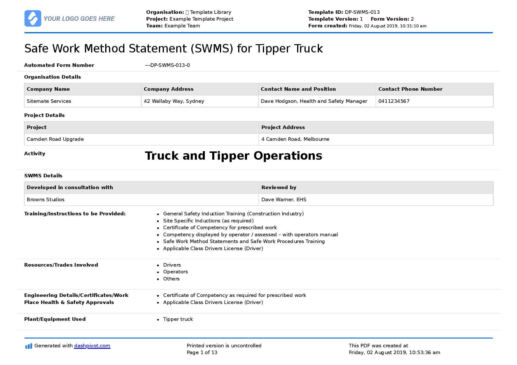 Tipper Truck Safe Work Method Statement: Use And Edit This Swms Intended For Safe Driving Certificate Template