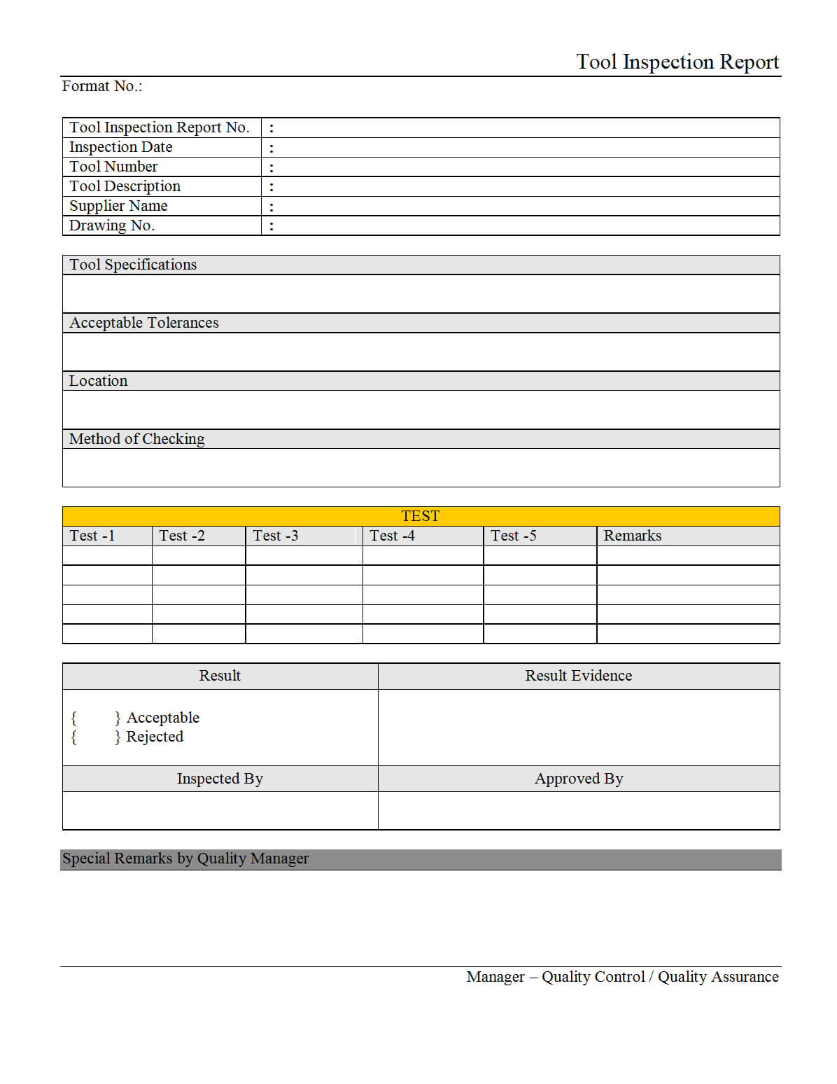 Tool Inspection Report – For Part Inspection Report Template