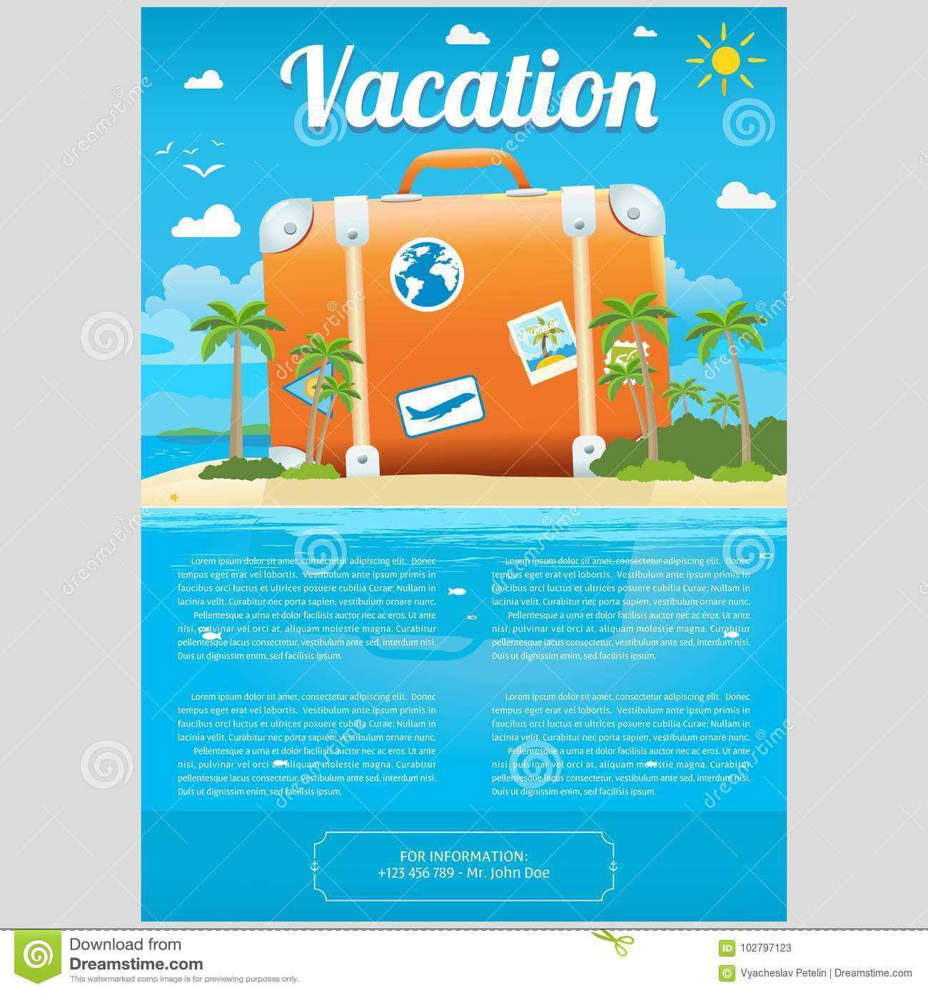 Vector Illustration Of Travel Suitcase On The Sea Island Regarding Island Brochure Template