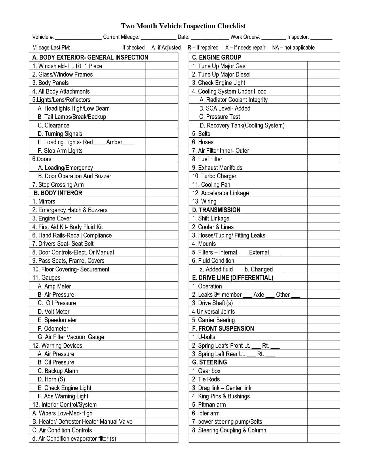 Vehicle Inspection Checklist Template | Vehicle Inspection With Regard To Vehicle Checklist Template Word