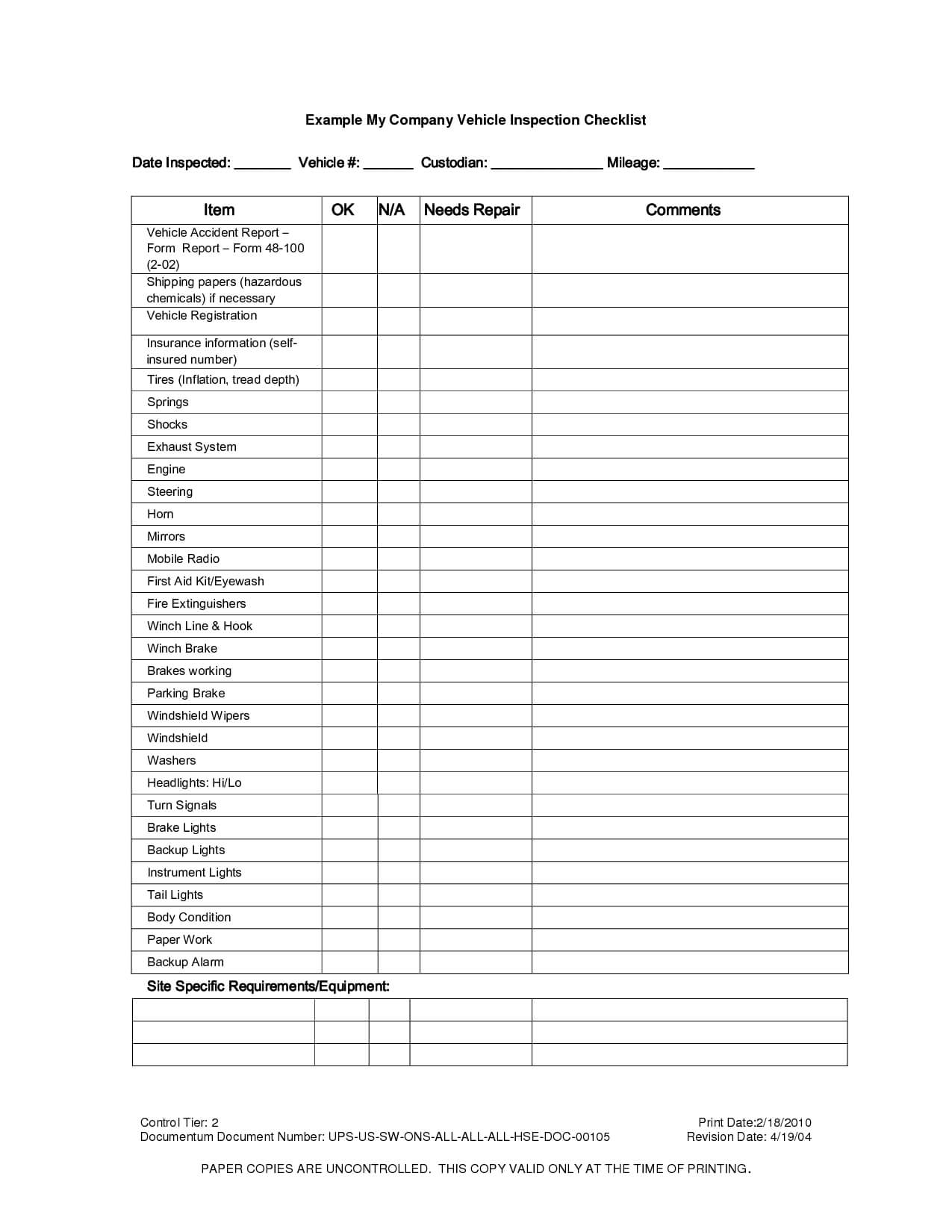 Vehicle Inspection Checklist Template | Vehicle Inspection With Vehicle Checklist Template Word